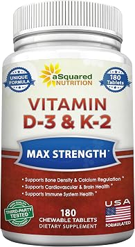 aSquared Nutrition Vitamin D3 with K2 Supplement-180 Chewable Tablets, Max Strength D-3 Cholecalciferol & K-2 MK7 to Support Healthy Bones, Teeth, Heart -Antioxidant D3 & K2 MK-7 Energy Formula Adults