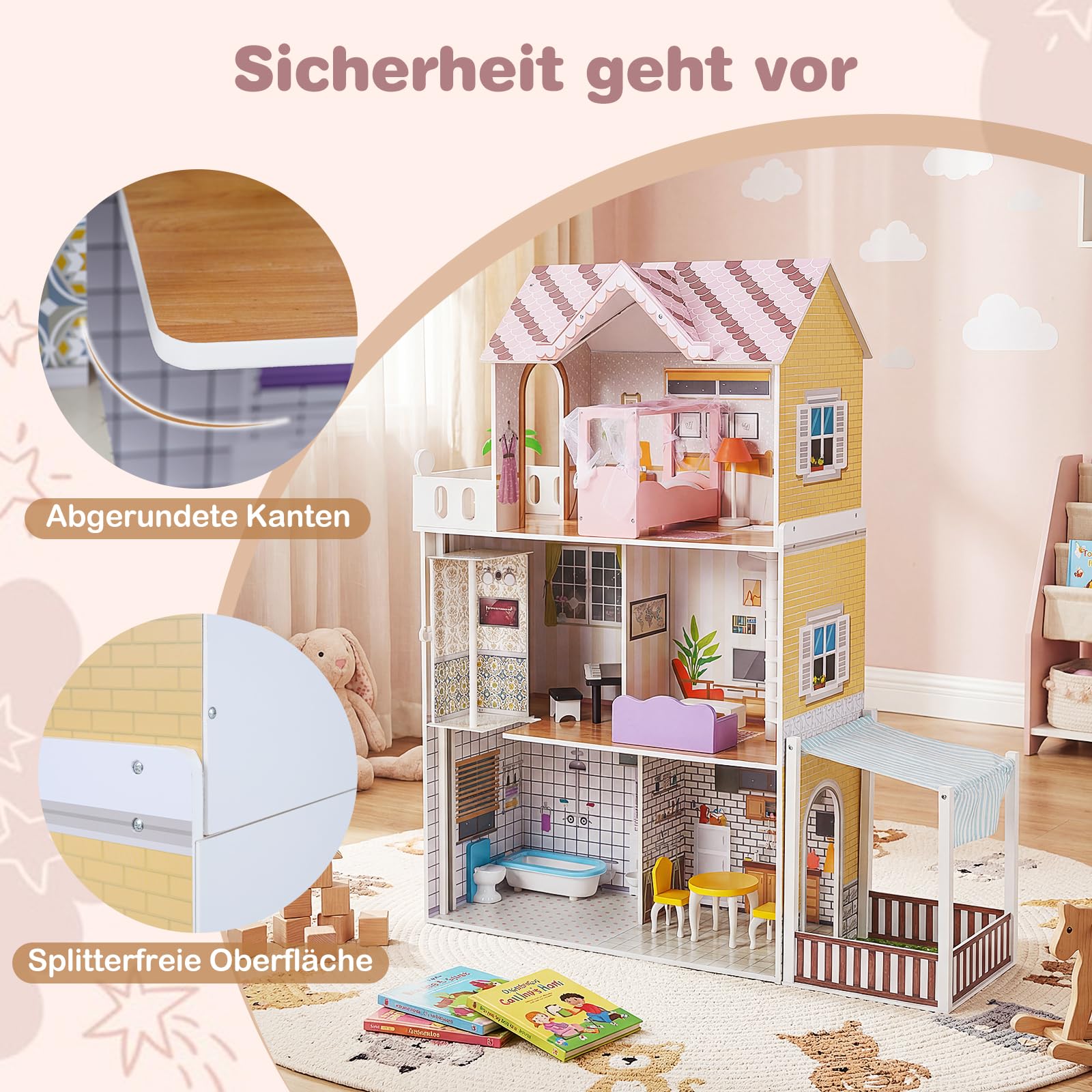COSTWAY Drewniany domek dla lalek, domek dla lalek z balkonem i tarasem, willa dla lalek, 3 piętra z 16 meblami, duża wymarzona willa 102 x 34 x 120,5 cm, dla dziewcząt i chłopców od 3 lat