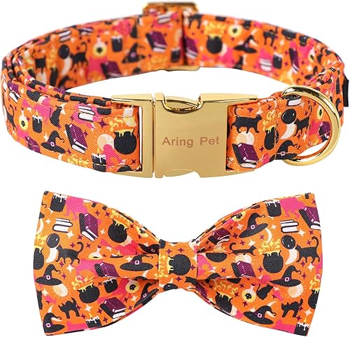 ARING PET Collar de perro de Halloween, lindo collar de perro naranja con lazo, collar ajustable de algodón para mascotas de Halloween con hebilla
