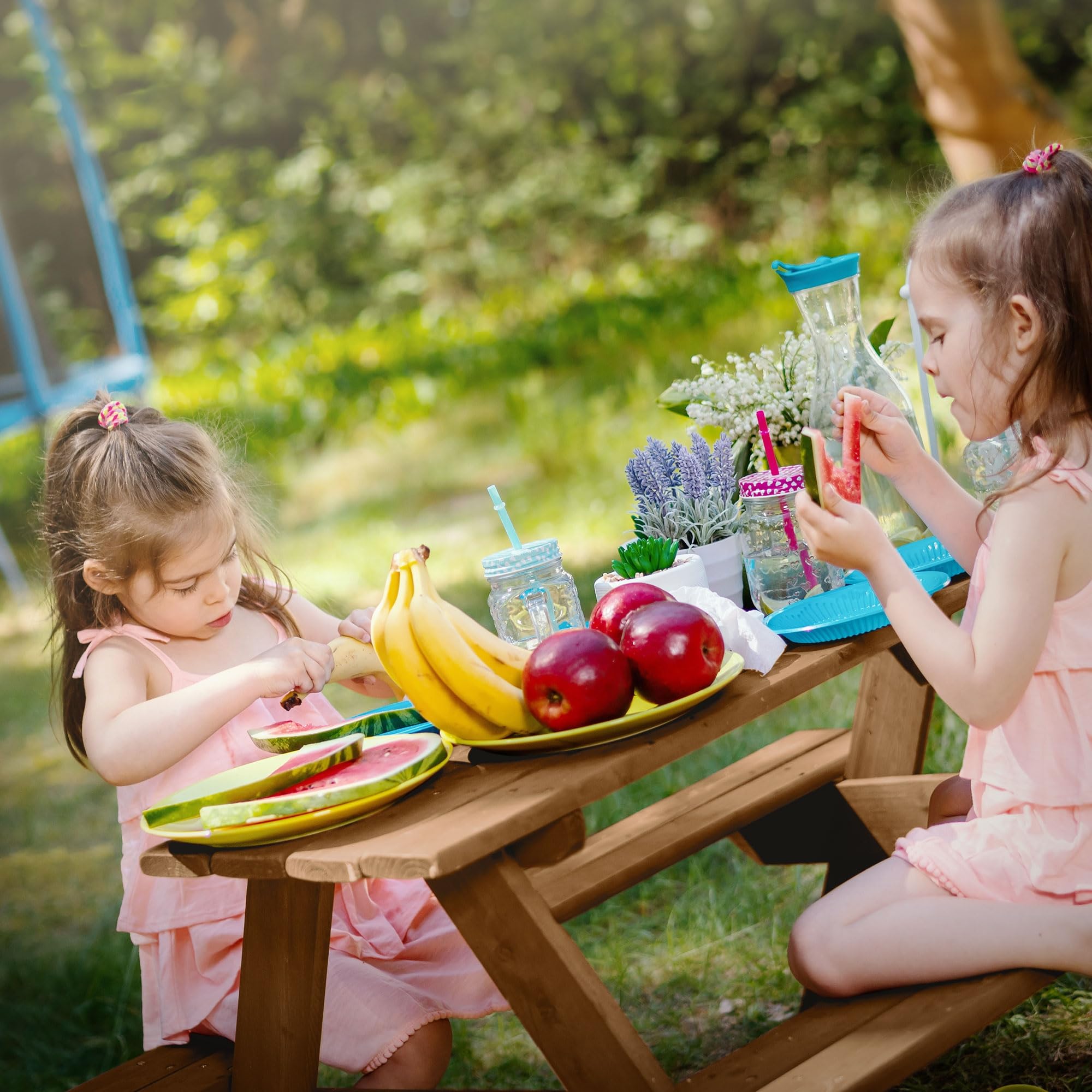 ML-Design Set di Sedute da Esterno per Bambini Marrone in Legno Massiccio Set con 2 Panche e Tavolo da Picnic da Giardino con 4 Sedute Mobili con 2 Panche Incorporate per Bambini da Gioco