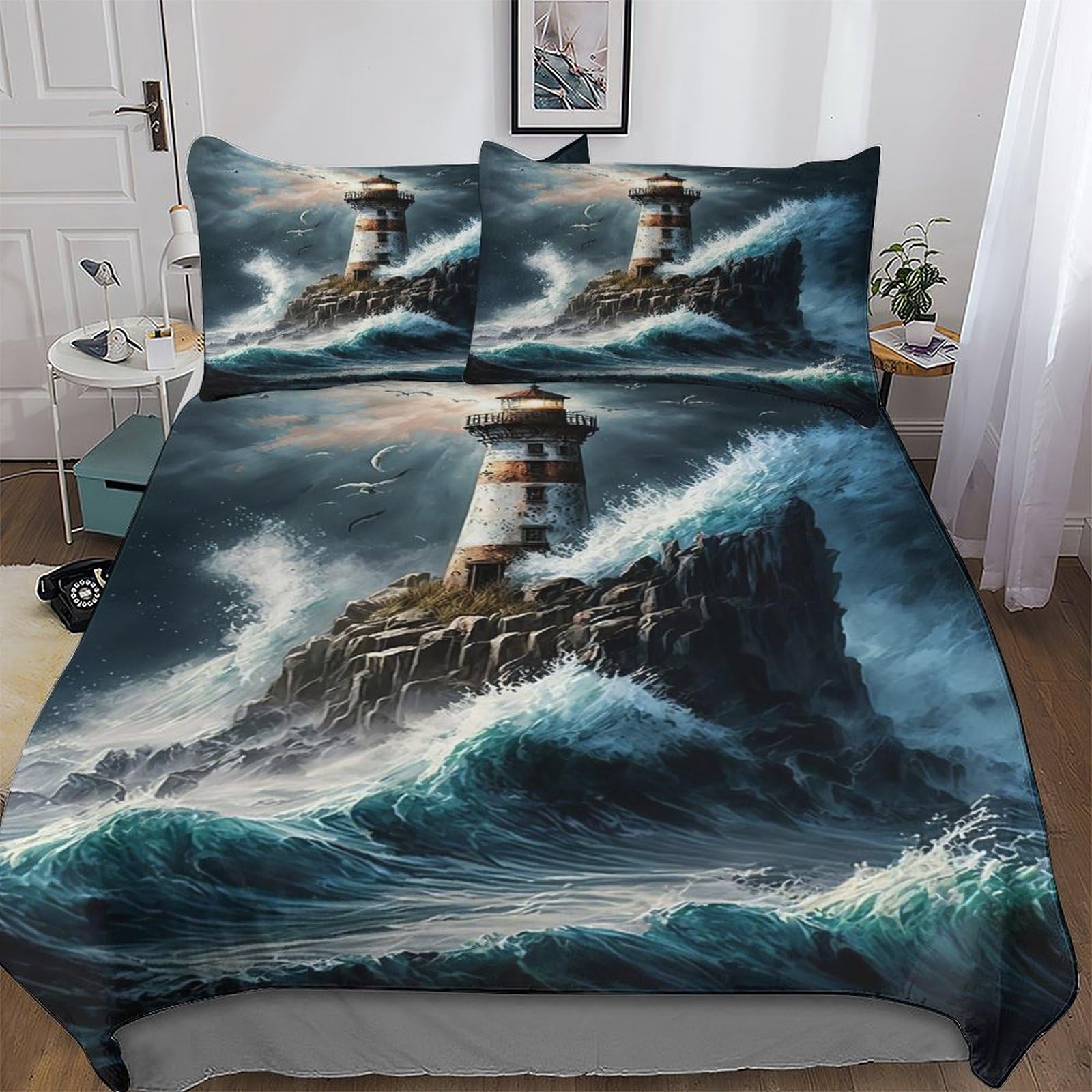 Housse de couette 200x200cm phare parure de lit microfibre avec fermeture