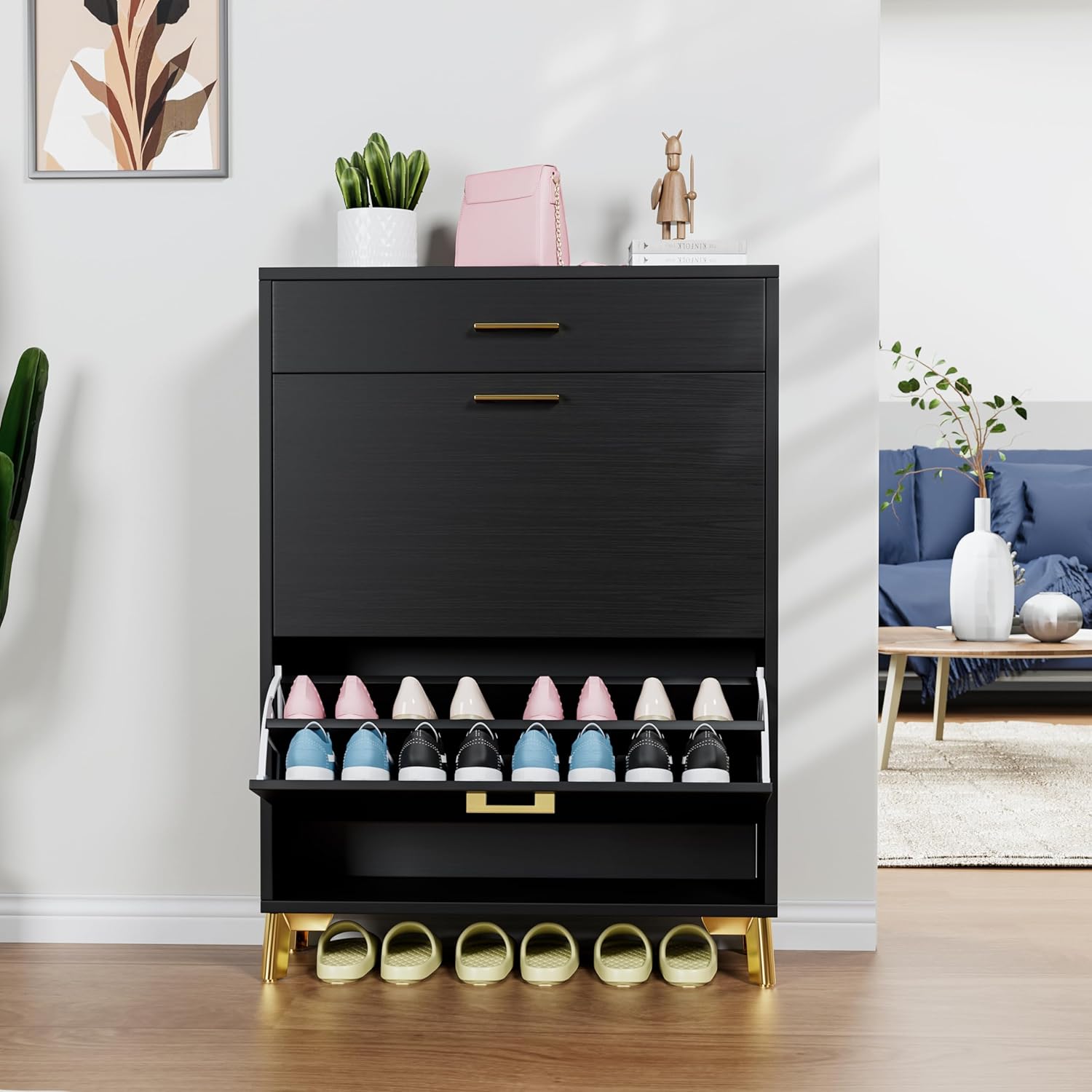 Shoe Cabinet Storage for Entryway with 3 Flip Drawers,Freestanding Modern Narrow Shoes Organizer Cabinet with Anti-Tip Design,Hidden Shoe Cupboard for Entryway,Front Door,Foyer,Hallway (Black)