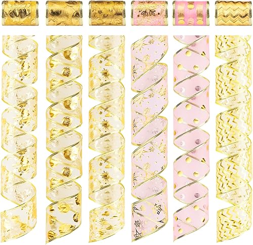 Miniatura 1 de Cinta dorada para árbol de Navidad de 2.5 pulgadas, 6 rollos de 36 yardas, cinta dorada de Navidad, cintas doradas para fiestas navideñas con cable,