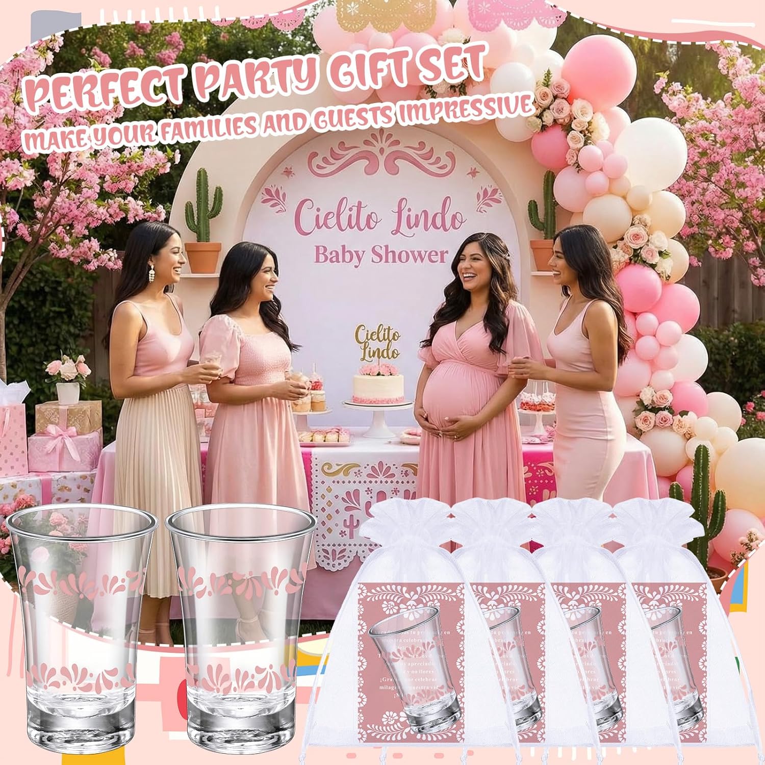 50 Sets Cielito Lindo Baby Shower Favors Shot Glasses for Guests Bulk 1.5oz Recuerdos Para Boda Wedding Shot Glass Thank You Card Bag for Guest Talavera Bridal Baby Shower(Pink)