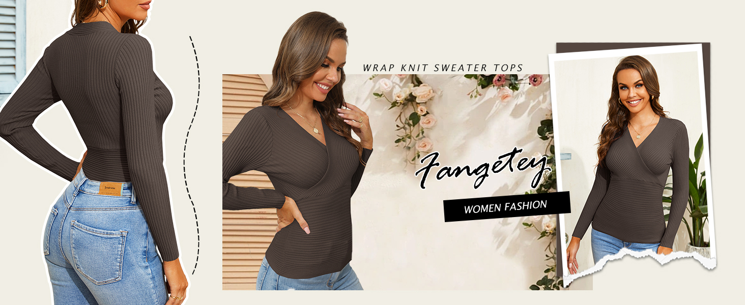 Fangetey Womens Deep V Neck Sexy Wrap Sweater Long Sleeve Slim 