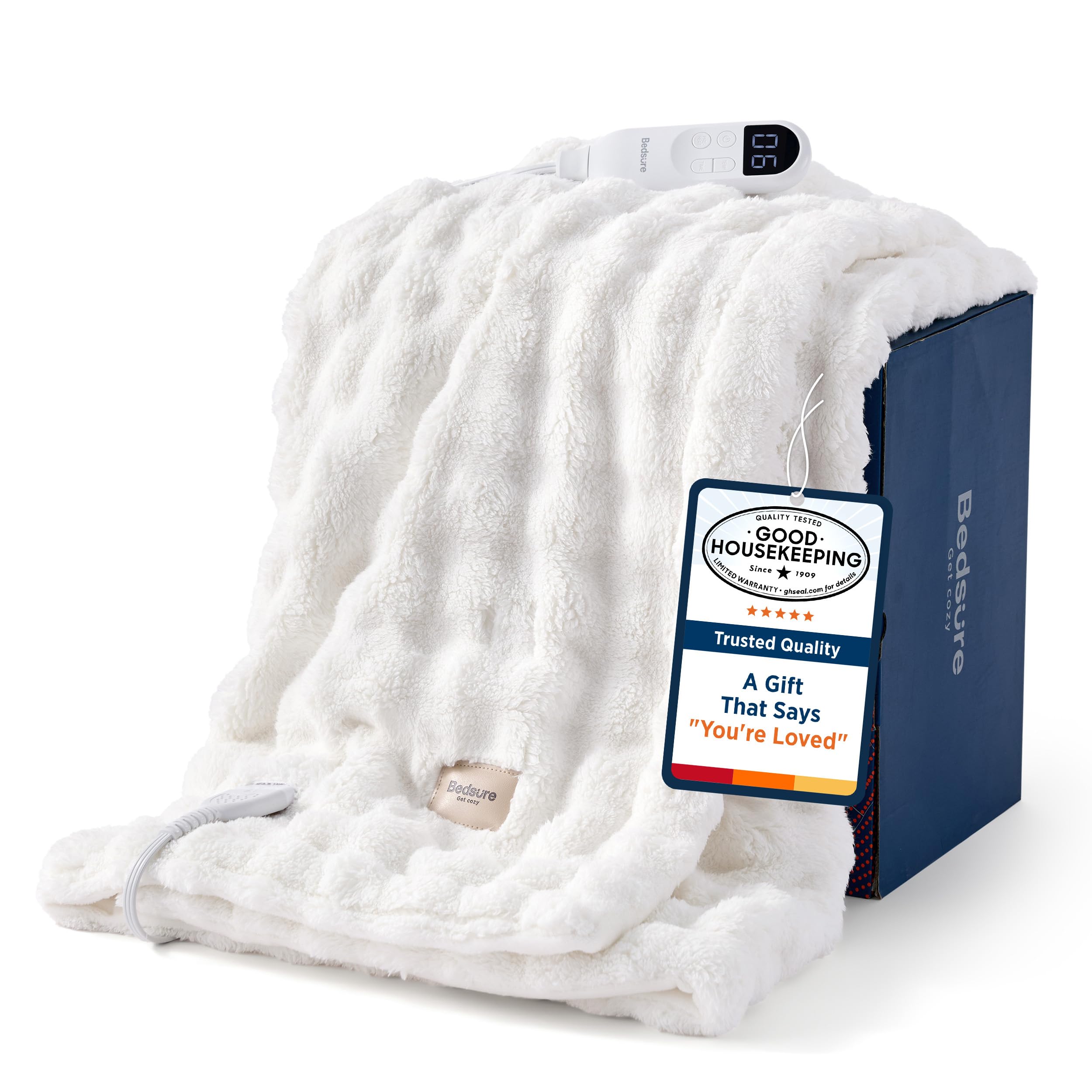 Bedsure Cloud Bubble White Heated Blanket Throw, Soft Cozy Electric Blanket