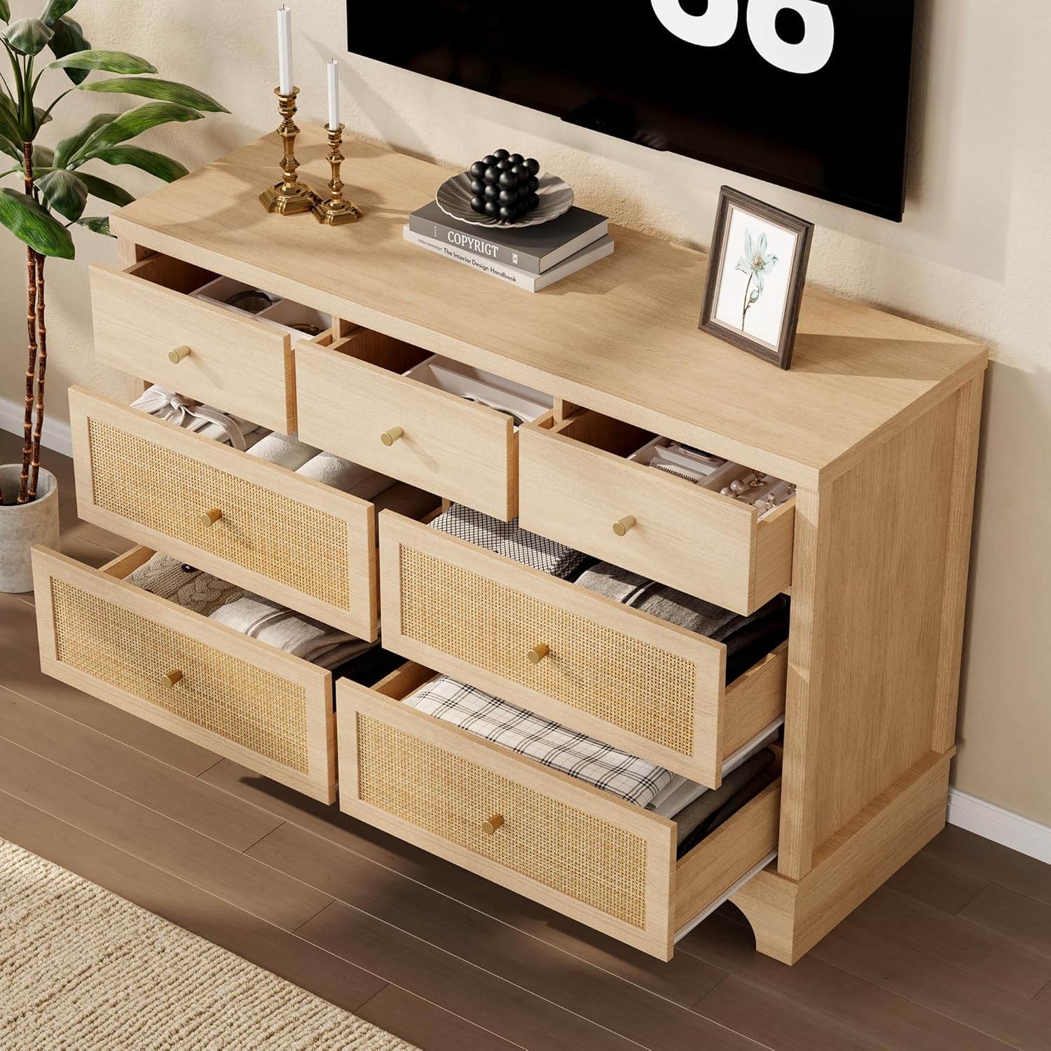 IDEALHOUSE 7 Drawer Dresser for Bedroom, 47.3" Wide Natural Rattan Chest of Drawers, Wood Boho Clothing Storage Organizer, Dresser TV Stand Cabinet for Living Room, Oak