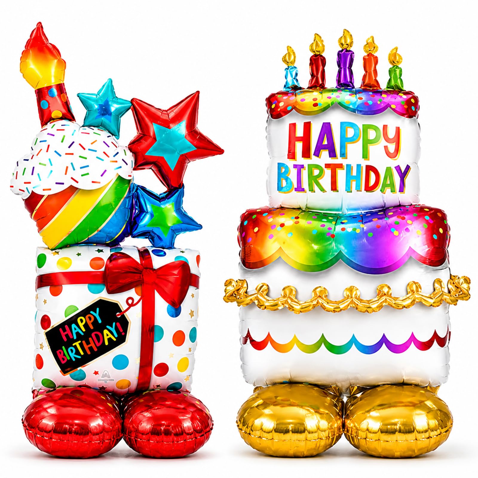 2PCS Giant Standing Decoration for Party,Self Standing Birthday Cake Balloon Inflatable Birthday Foil balloon,Colourful Standalone Party Decor for Birthdays Theme