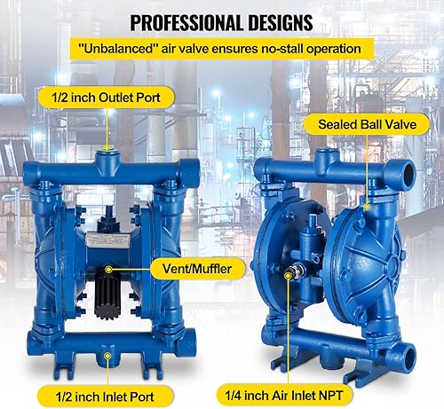 Miniatura 84 de VEVOR Bomba de doble diafragma operada por aire, entrada y salida de 1/2 pulgada, cuerpo de polipropileno, 13.2 GPM y máximo 120PSI, bomba