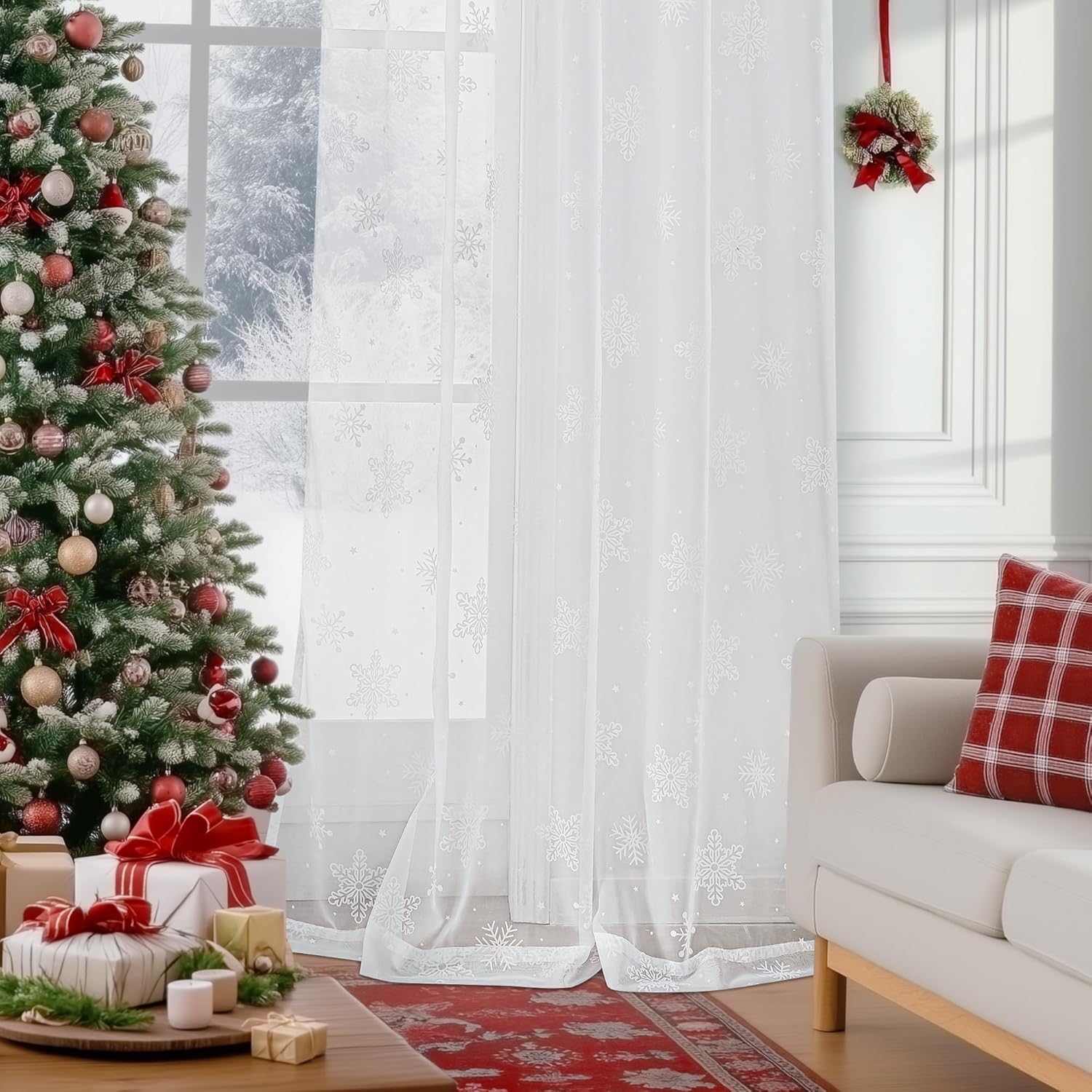 FMFUNCTEX White Sheer Snoflake Christmas Curtains for Bedroom, Snow Curtains 72 Inches Long for Living Room, Holiday Winter Window Curtains, Xmas Decor Curtain Light Filtering Rod Pocket 2 Panels Set
