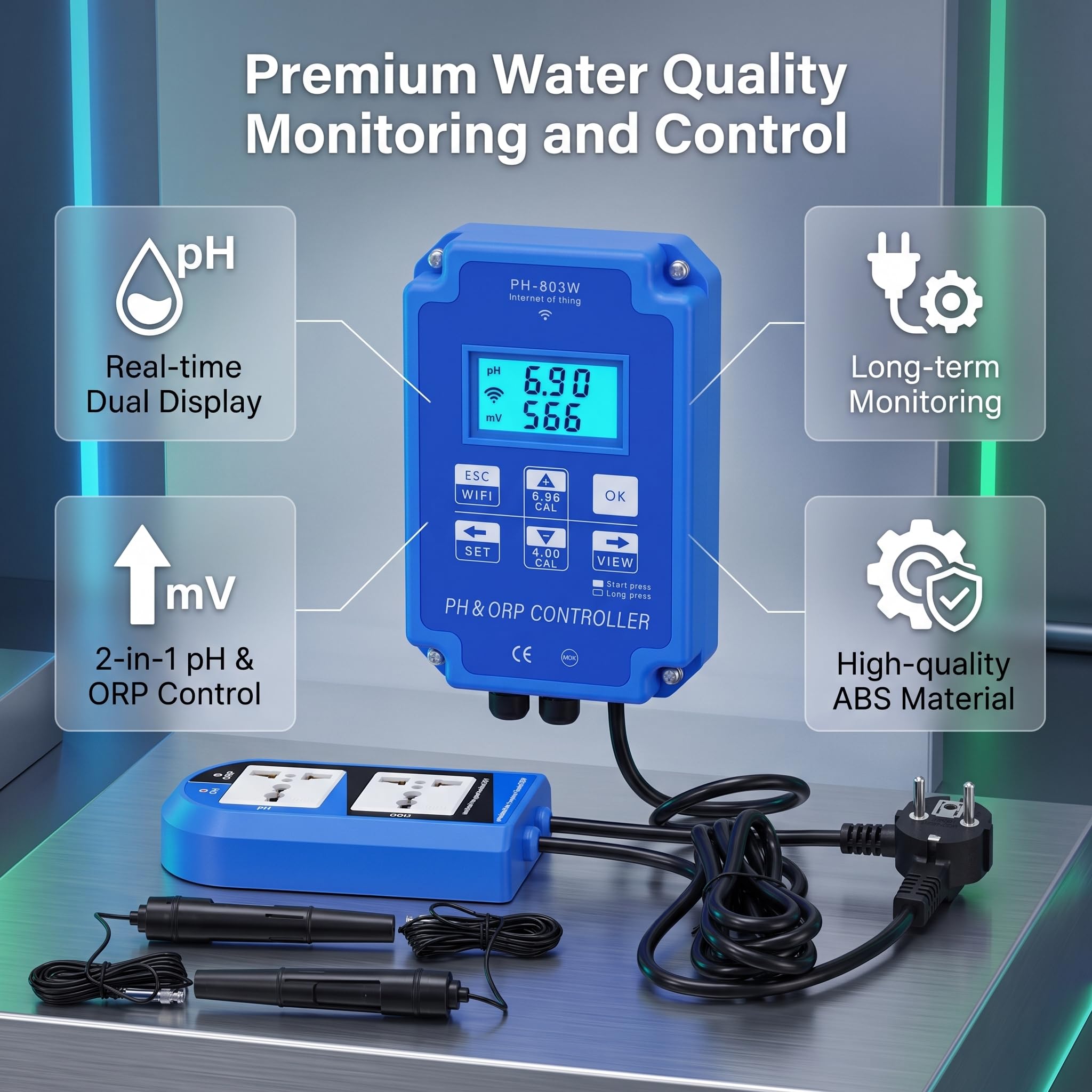 PH-803W Controllore Redox Redox Misuratore Multiparametrico per Test Dell'acqua per il Monitoraggio e il Controllo della Qualità Dell'acqua a Lungo Termine(EU Plug 250V)