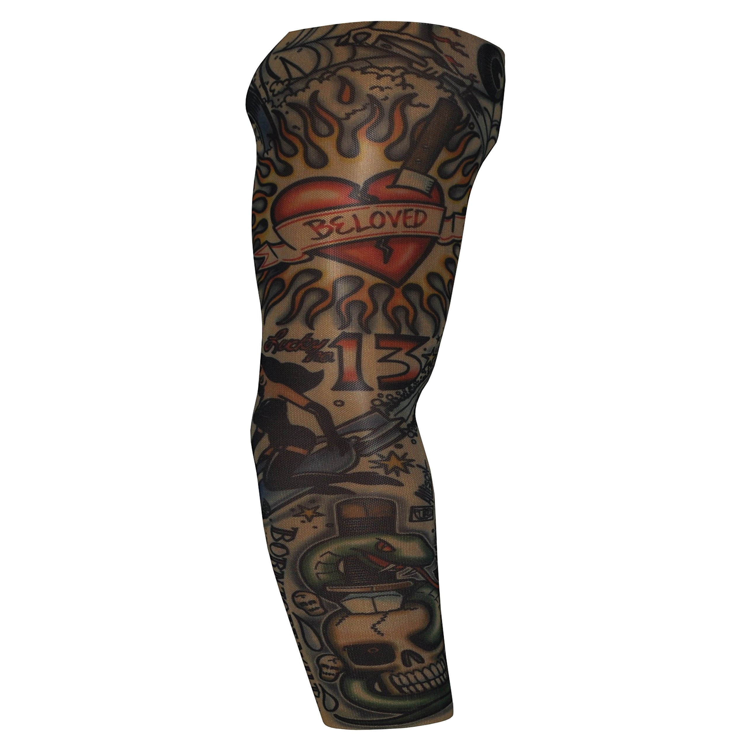 Devils Needle Multicolor Fake Tattoo Sleeve Adults Halloween Wearable Arm Cover Prank Temporary Body Art Fancy Dress Costume Born To Be Wild (T9)