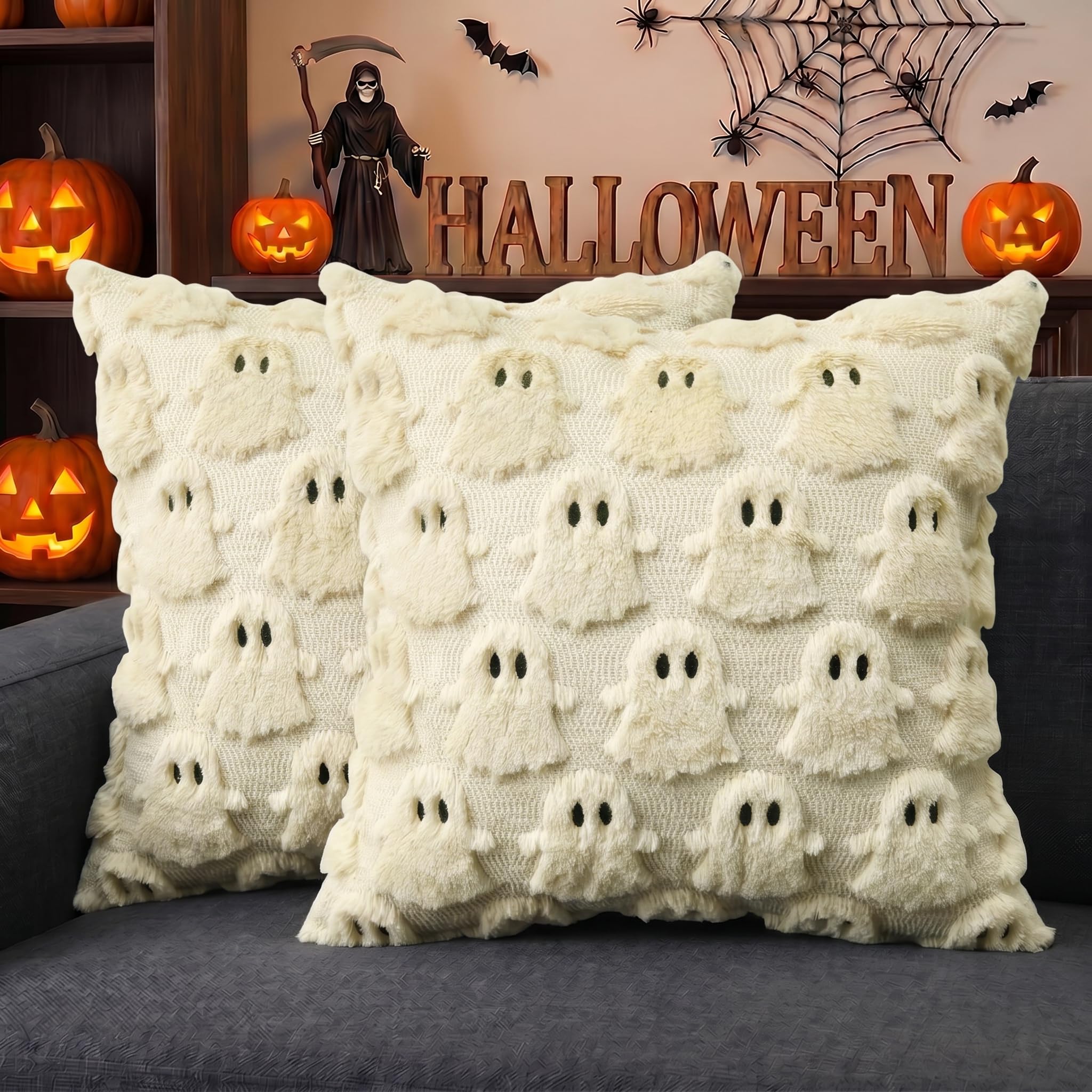 AVOIN colorlife Halloween Ghost Beige Throw Pillow Cover Set of 2, 18