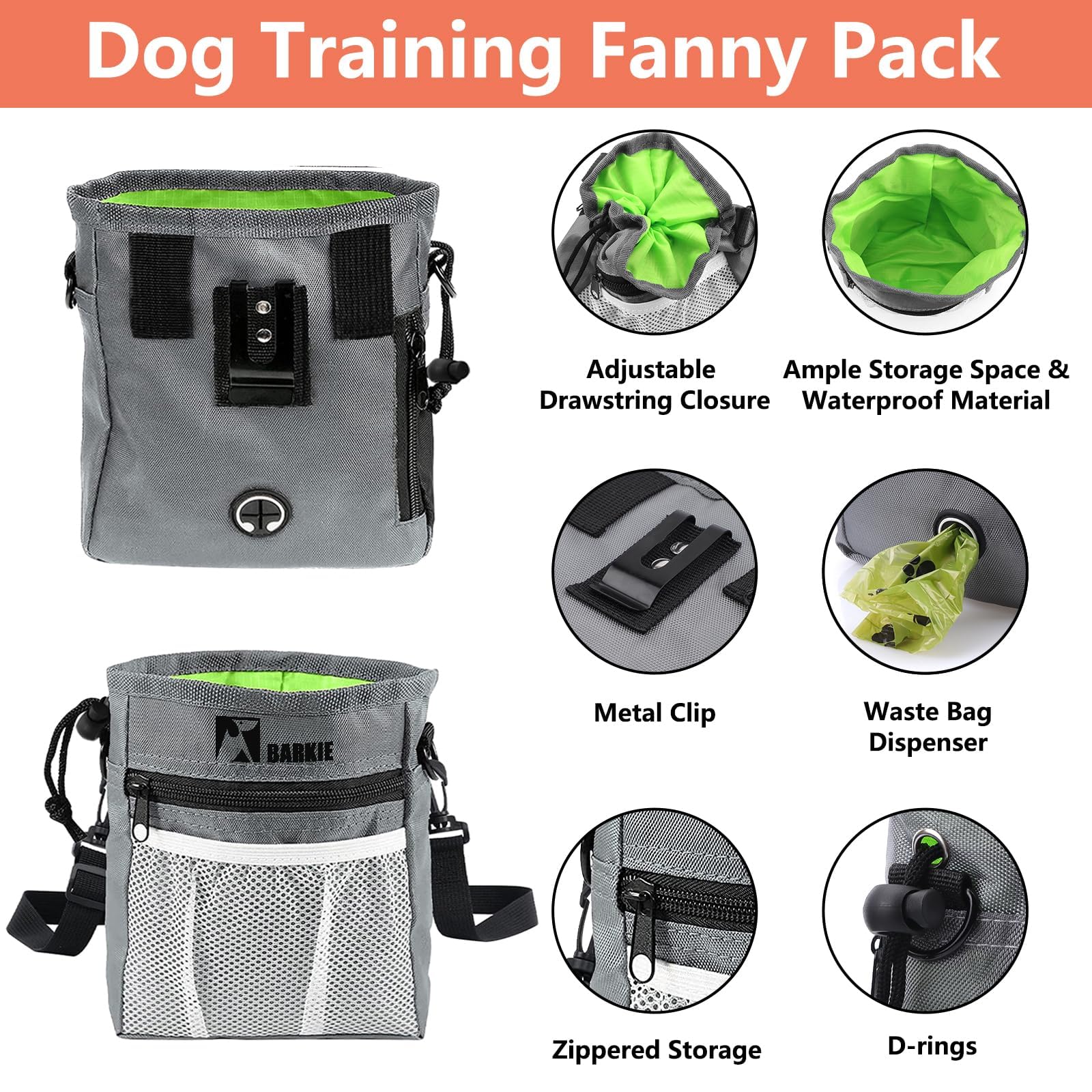 BARKIE Dog Training Kit - Treat Pouch, Pet Training Fanny Pack, 2 Puppy Training Clickers, Ultrasonic Silent Whistle, 2-in-1 Whistle Clicker, Clicker Training Guide Booklet, Dog Poop Bag (Grey) - image 2
