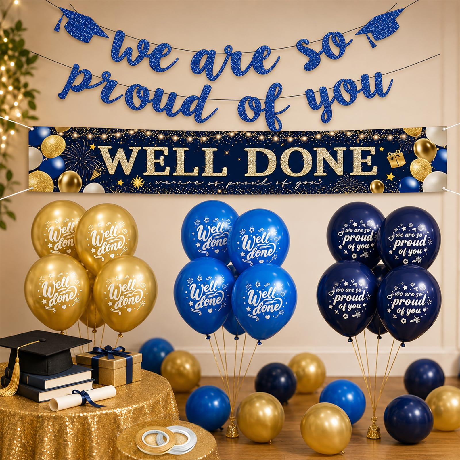 Blue Graduation Decoration, Congratulations Banner Party Decorations, Well Done Banners with Blue Gold Latex Balloons, We Are So Proud of You Party Supplies for College High School Retirement