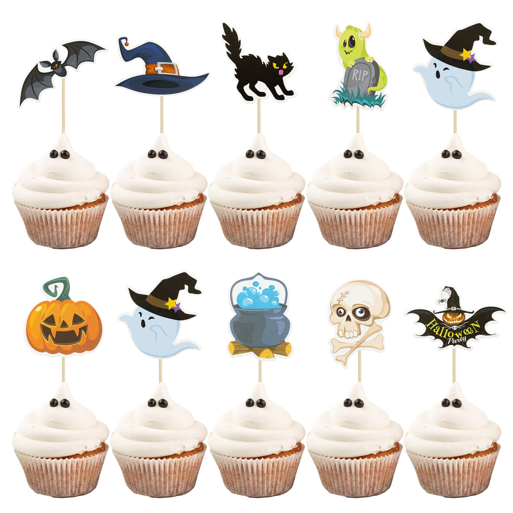 Gyufise 36Pcs Halloween Cupcake Toppers Halloween Pumpkin Cat Bat Ghost Cake Decorations for Halloween Theme Babyshower Kids Birthday Party Supplies