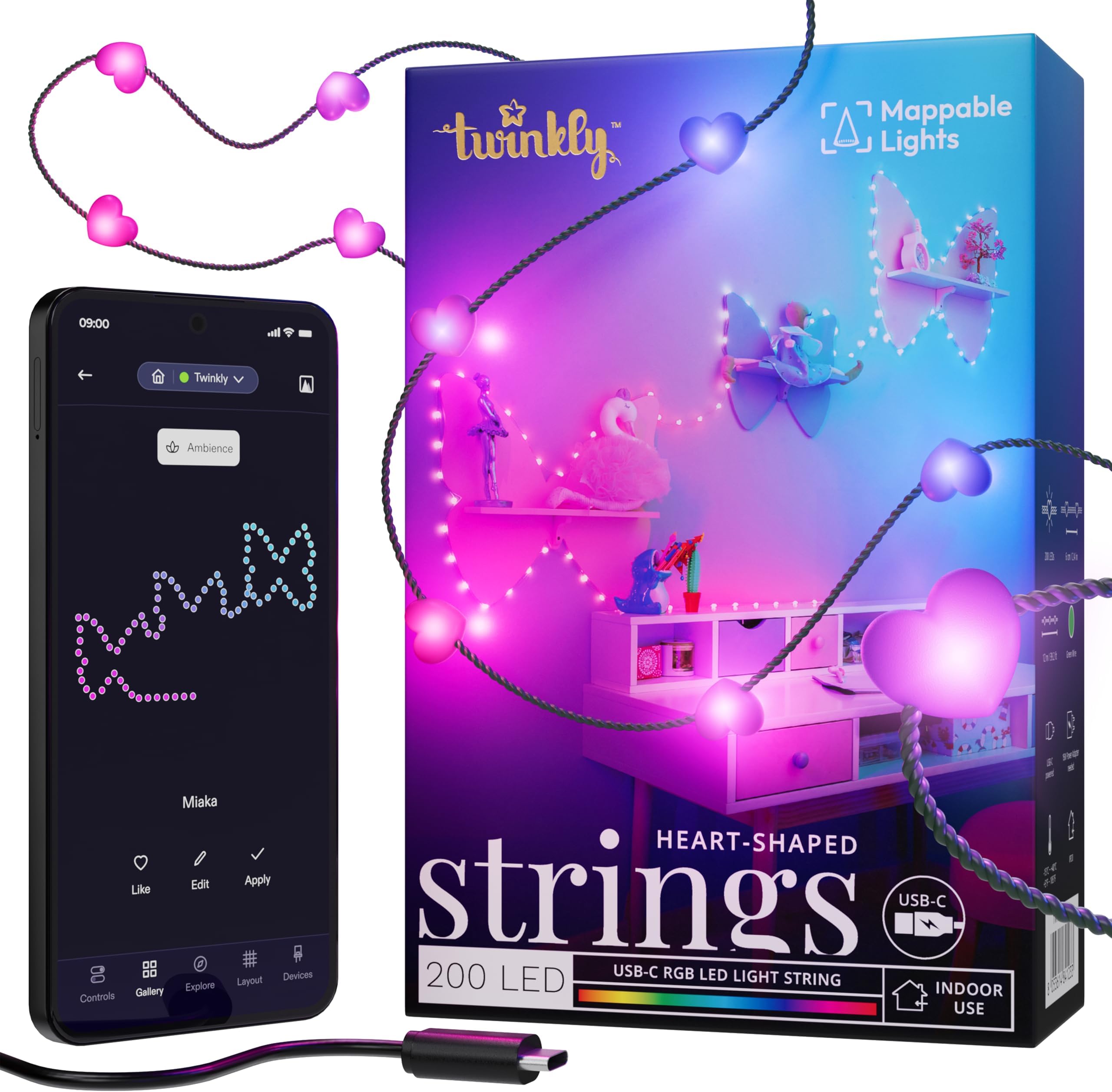 Strings USB-C Hearts 200 LED, Heart Shaped LED Fairy Lights, RGB LED Lights, Multicoloured, Lights for Valentine's Day, Compatible with Alexa and Google Home, USB-C, Green Cable, 12 m