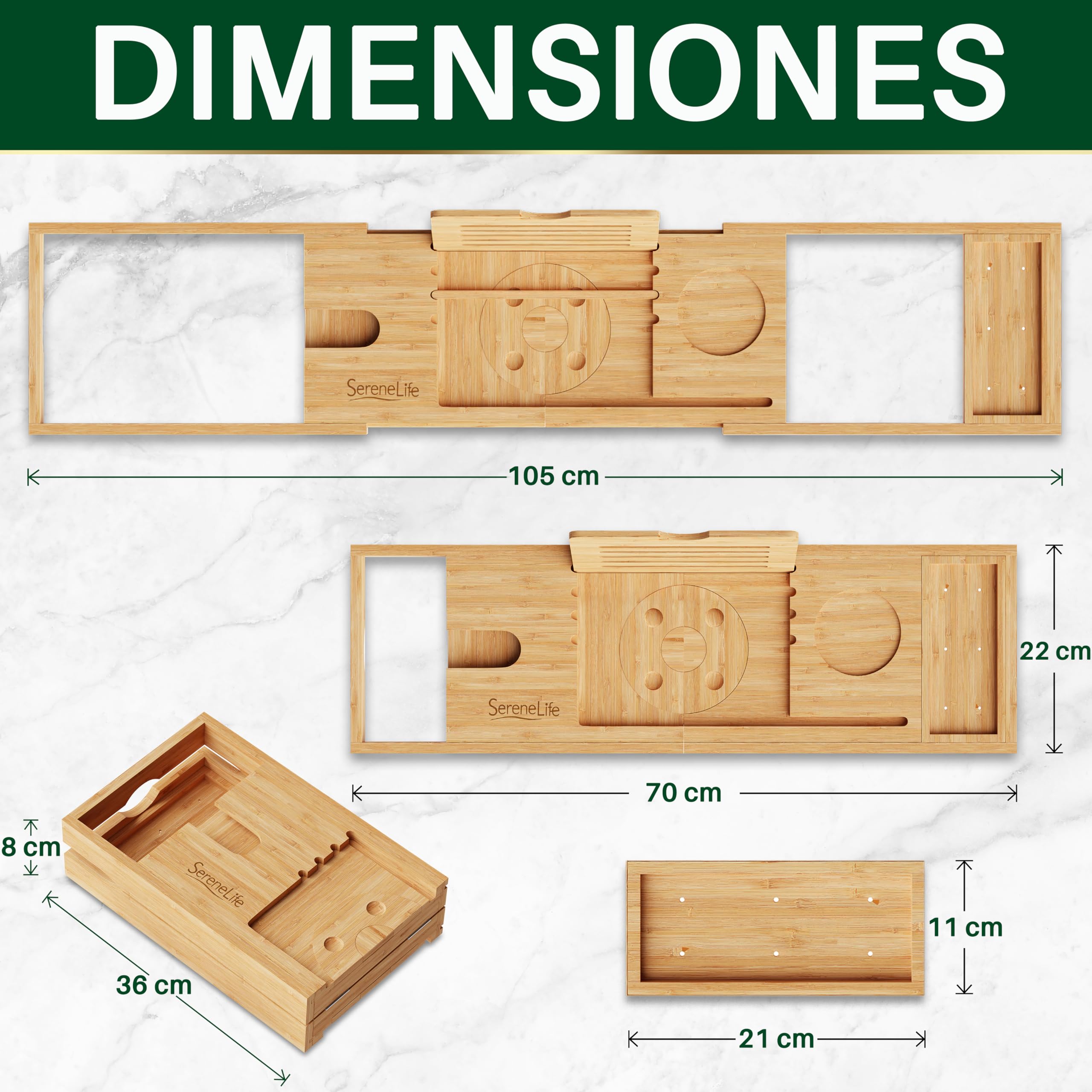 SereneLife bandeja para bañera, Plegable, Extensible de 30” a 43”, Ajustable, Baño, Soporte para copa de vino, Libro, Movil, Tablet, Facil almacenamiento