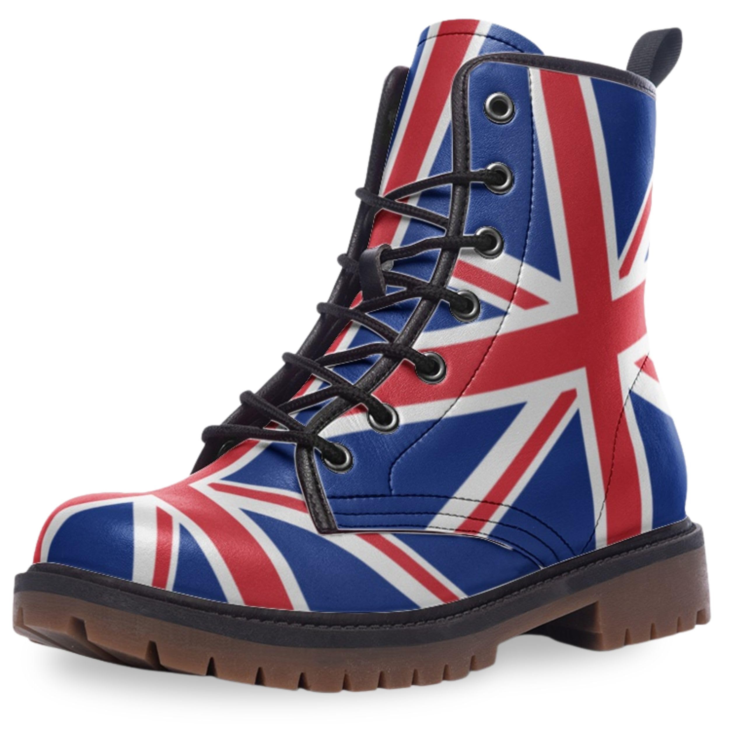 Union Jack Combat Boots British Flag Pattern Lace-up Military Style UK Flag Faux Vegan Leather
