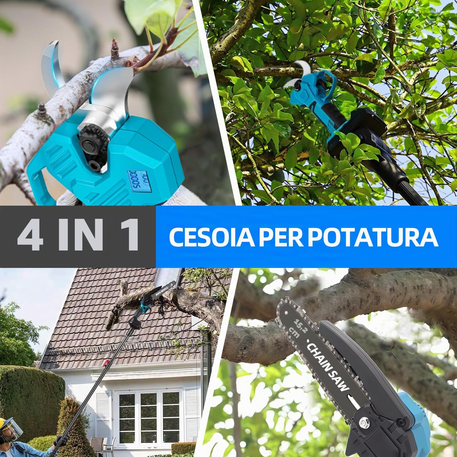 4 in 1 Potatore a batteria Motosega Mini da 15 cm (6″) con asta telescopica (2,5 m) + Cesoia elettrica 35 mm, incl. 2 batterie 21V – perfetto per la cura degli alberi e il taglio dei rami