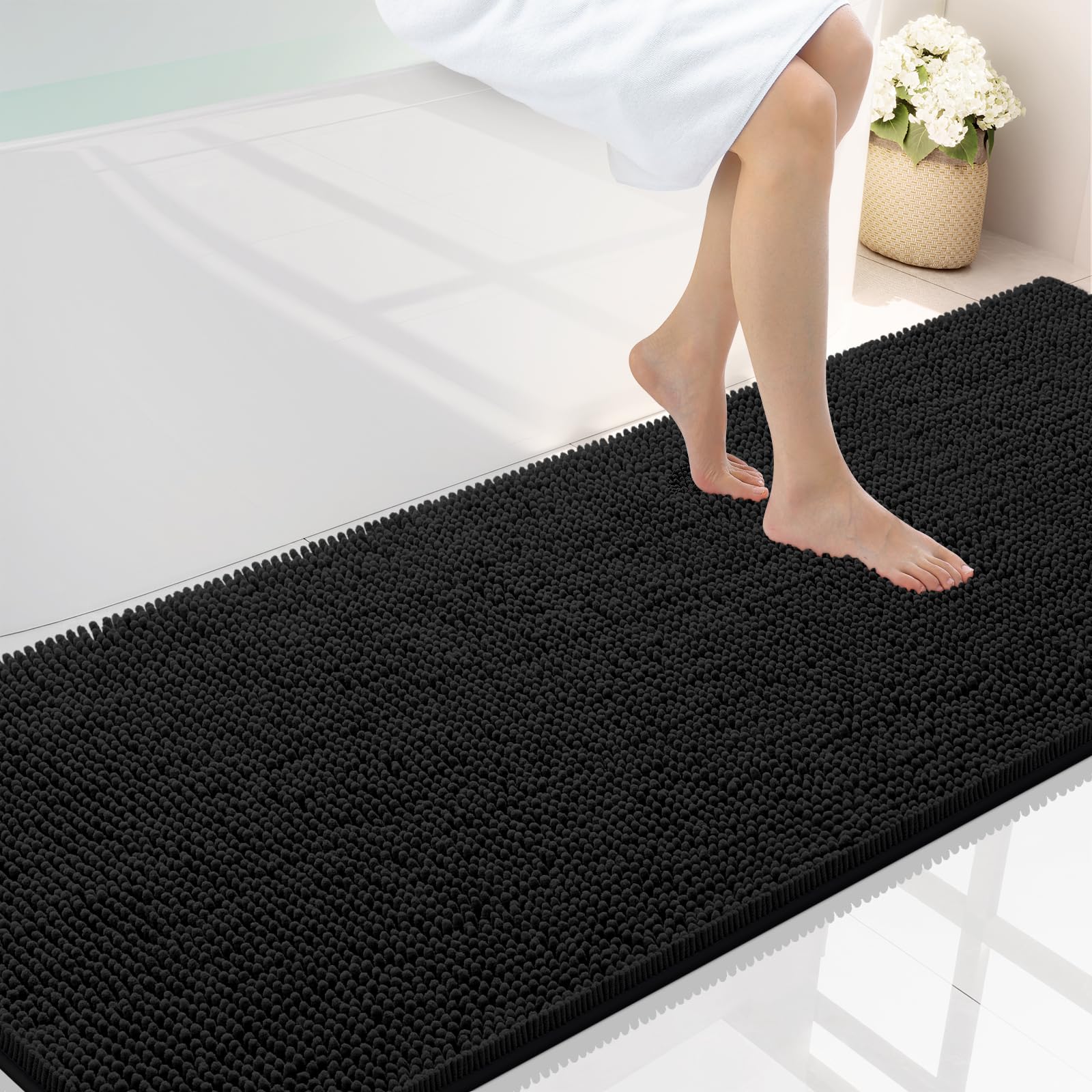 Photo 1 of Smiry Luxury Chenille Bathroom Rugs 70x24, Extra Soft and Absorbent Shaggy Bath Mat, Machine Washable, Non-Slip Plush Carpet Runner for Tub, Shower, and Floor, Home Decor Accessories, Black