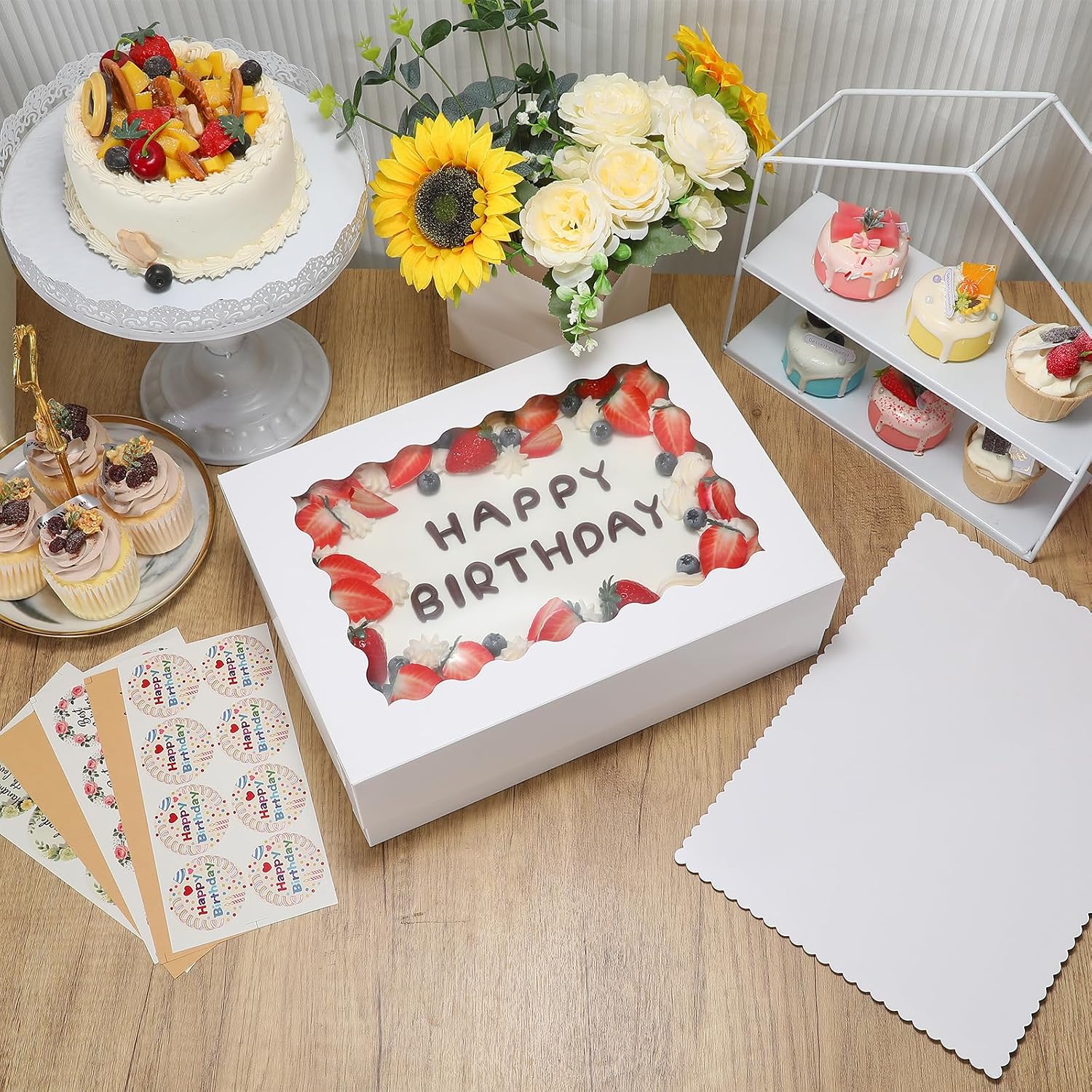 COTOPHER 14x10x4 In Sheet Cake Boxes, 16 Pcs White Bakery Boxes with Large Window (8 Boxes & 8 Boards), Cake Containers for Quarter Cakes, Donuts, Cupcakes, Brownie, Pastry & Pies Packaging