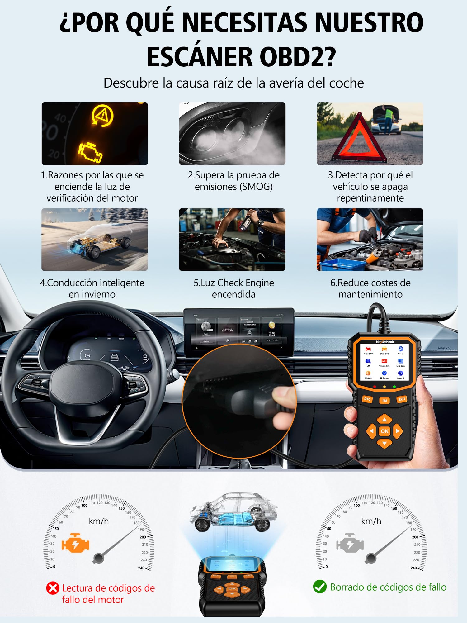 OBD2 Diagnosis Coche Scanner OBD: Máquina Diagnosis OBD2 Multimarca Apoya Español - Lector Diagnóstico para Borrar Códigos de Error Controlar Luz Motor Compatible BMW Mercedes Audi Vehículos OBDII