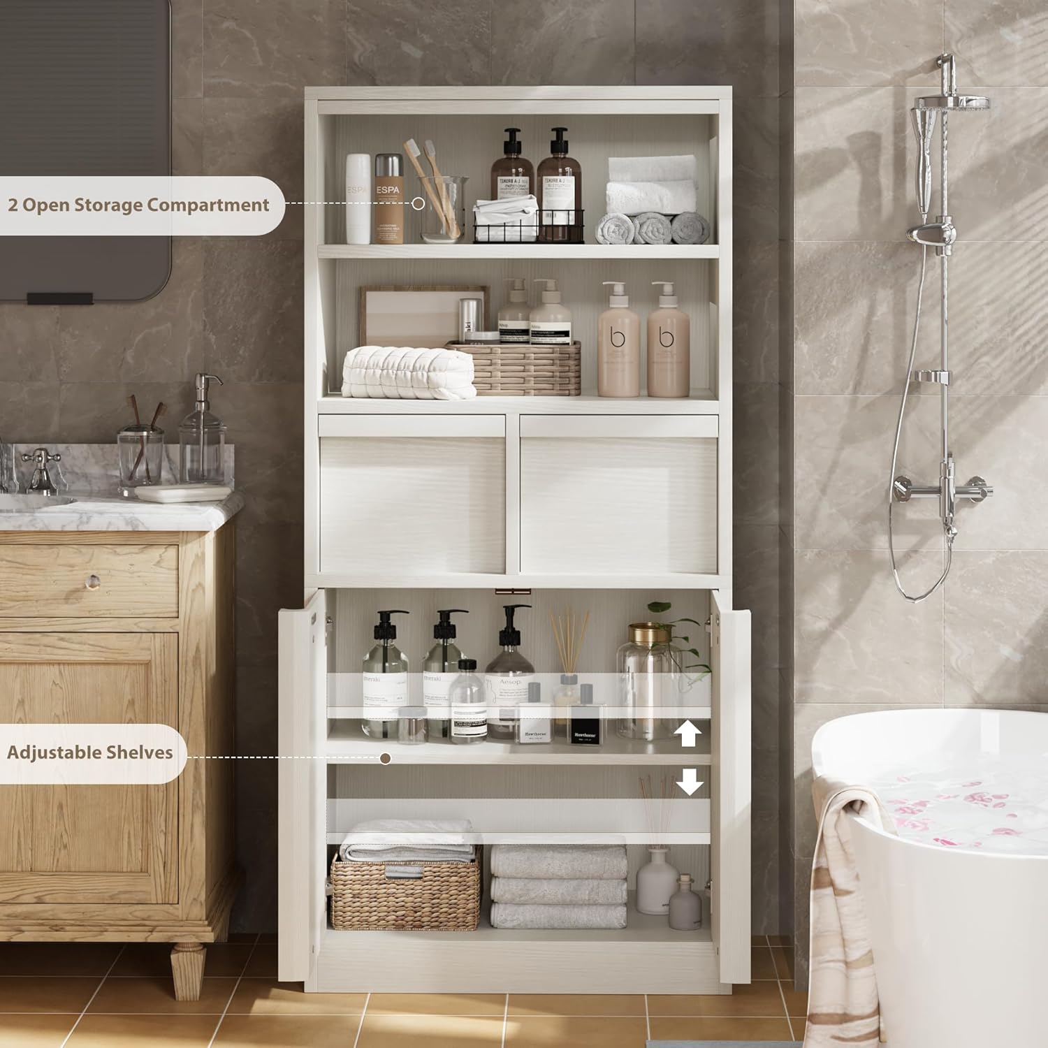 IDEALHOUSE Tall Bathroom Cabinet, Floor Storage Cabinet with Doors & 2 Drawers, 51" H Tall Organizer Cabinet Freestanding for Bathroom, Living Room, Kitchen & Pantry (White)