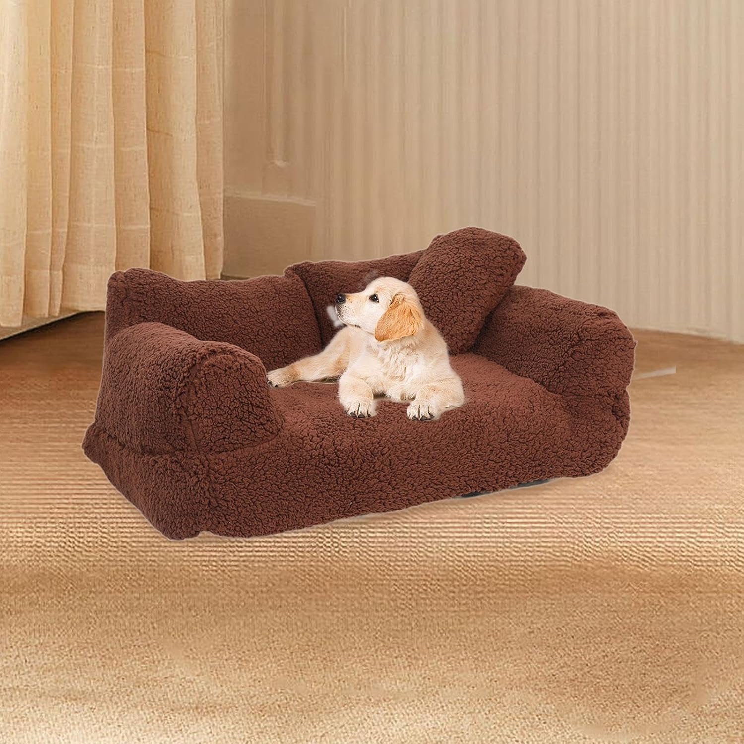 Pet Couch Bed Cat Sofa Soft Anti Slip Bottom Removable Washable Cover Cat Beds for Indoor Cats Plush for Small Dogs Kitty, Brown M