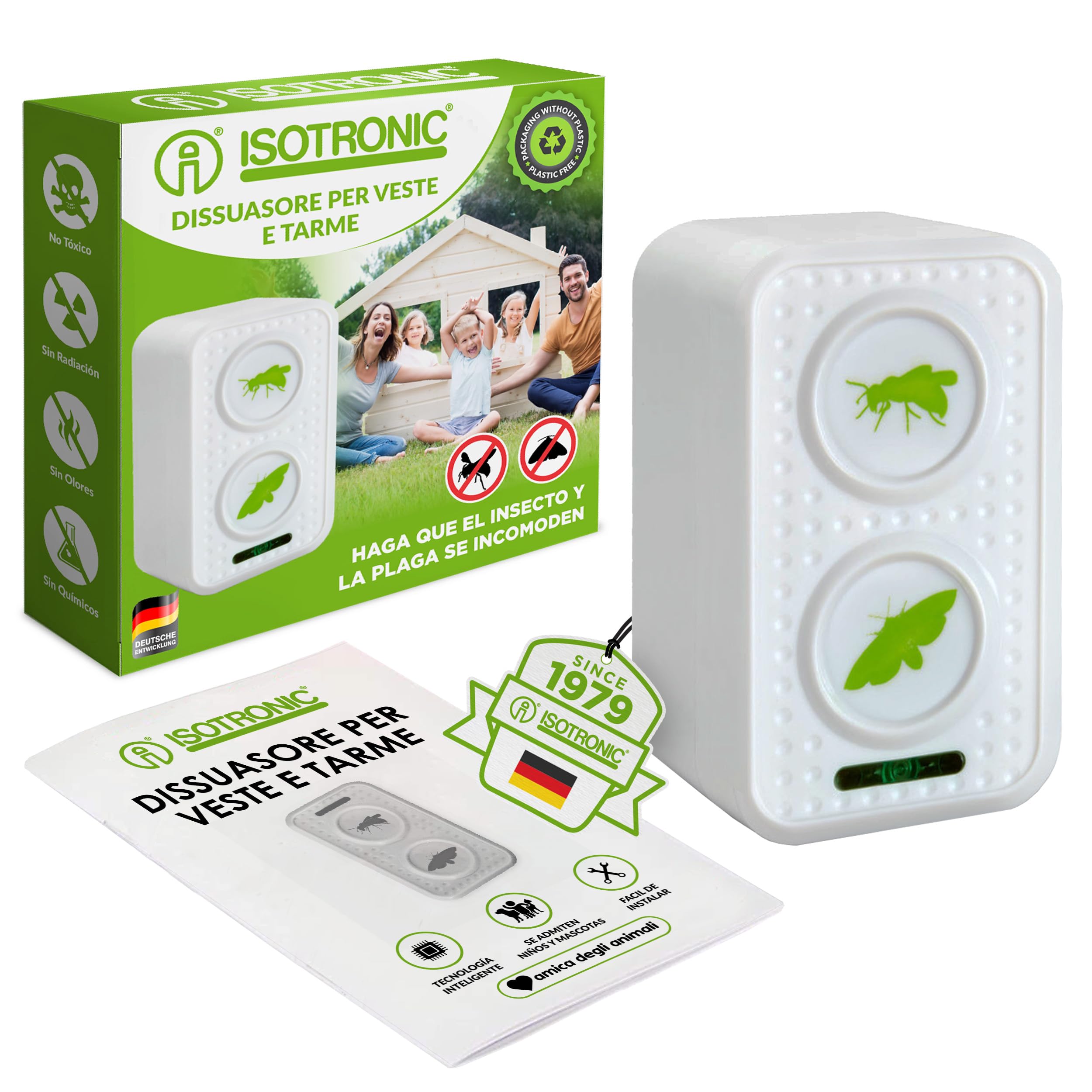 ISOTRONIC Repellente per vespe e falene – protezione naturale contro le vespe con ultrasuoni e frequenza alternata – repellente per falene con un raggio d'azione di 50 m² (1 confezione)