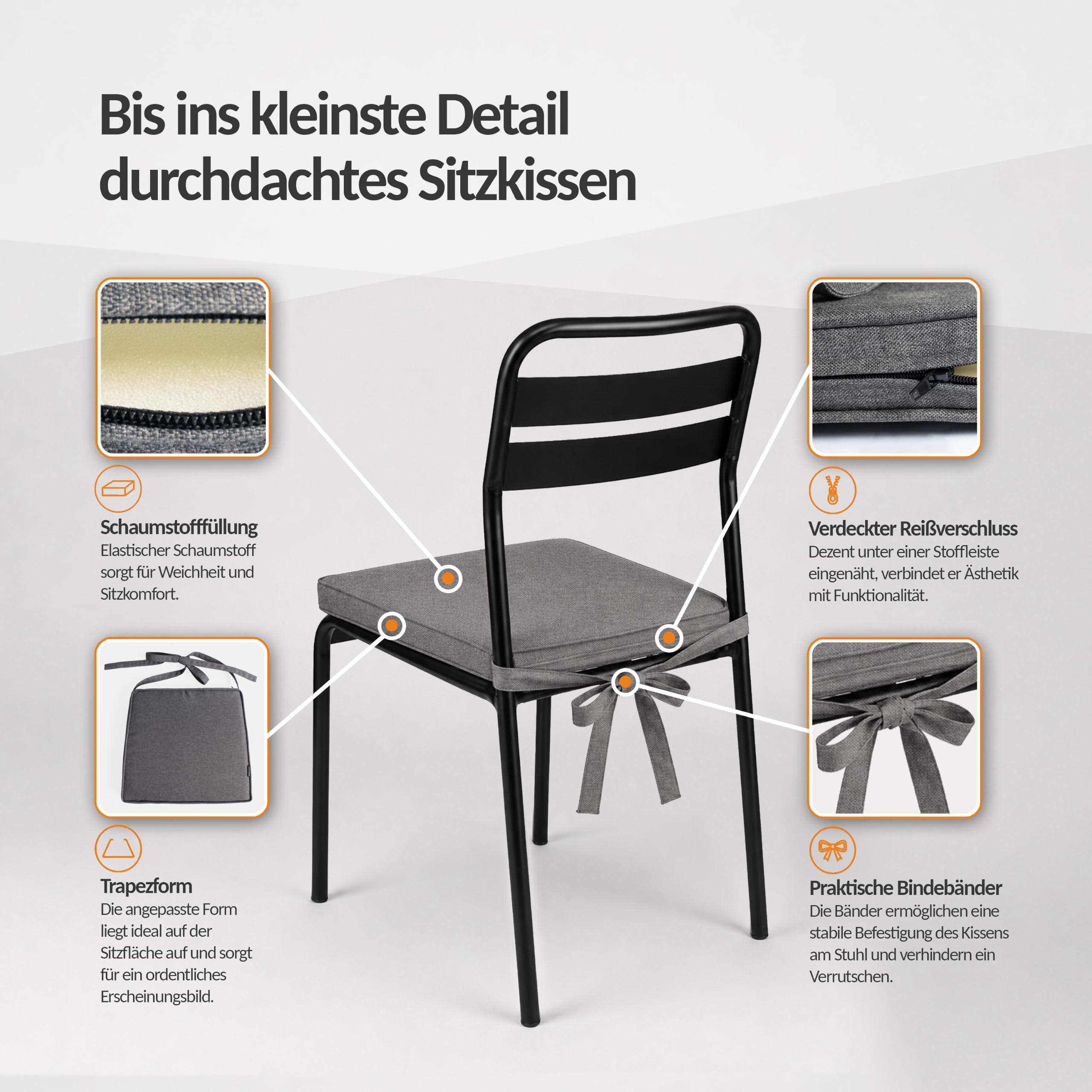POKAR 4er Set Stuhlkissen mit Bindebändern 40x45x40 cm (5 cm Dicke) | Sitzkissen für Gartenstühle, Rattanstühle und Esszimmerstühle | Stuhlauflage Indoor & Outdoor | Oeko-TEX | Made in EU | Blau