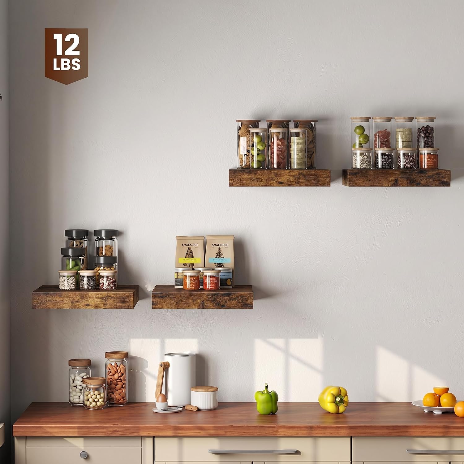 Dreamland 12x12 Floating Shelves for Wall, 12" Deep Thicker Floating Shelves, Wall-Mounted Shelves for Bedroom, Living Room, Kitchen, Bathroom,Rustic Brown - Set of 3