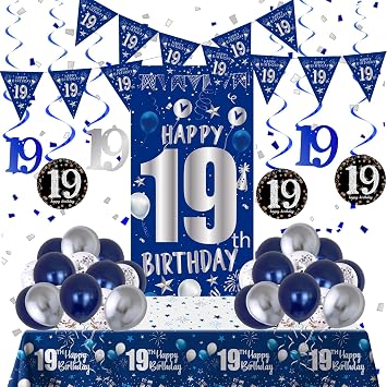 19th Birthday Decorations for Boys Men, Blue 19 Year Old Party Supplies