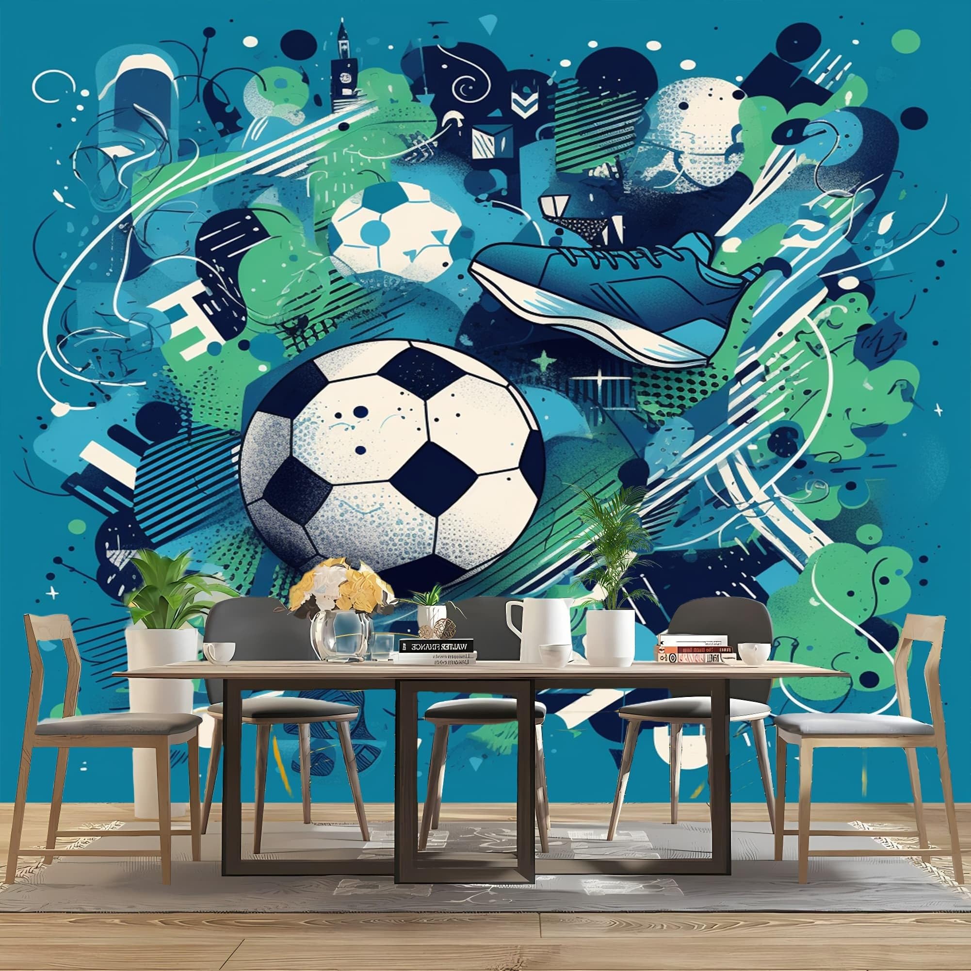 Moda sportowa, motyw piłki nożnej, tapeta na fizelinie, panorama, plakat ścienny, 350 x 256 cm, niebieska, fototapeta, pyłoszczelna i łatwa w pielęgnacji, do salonu, pokoju dziecięcego, sypialni