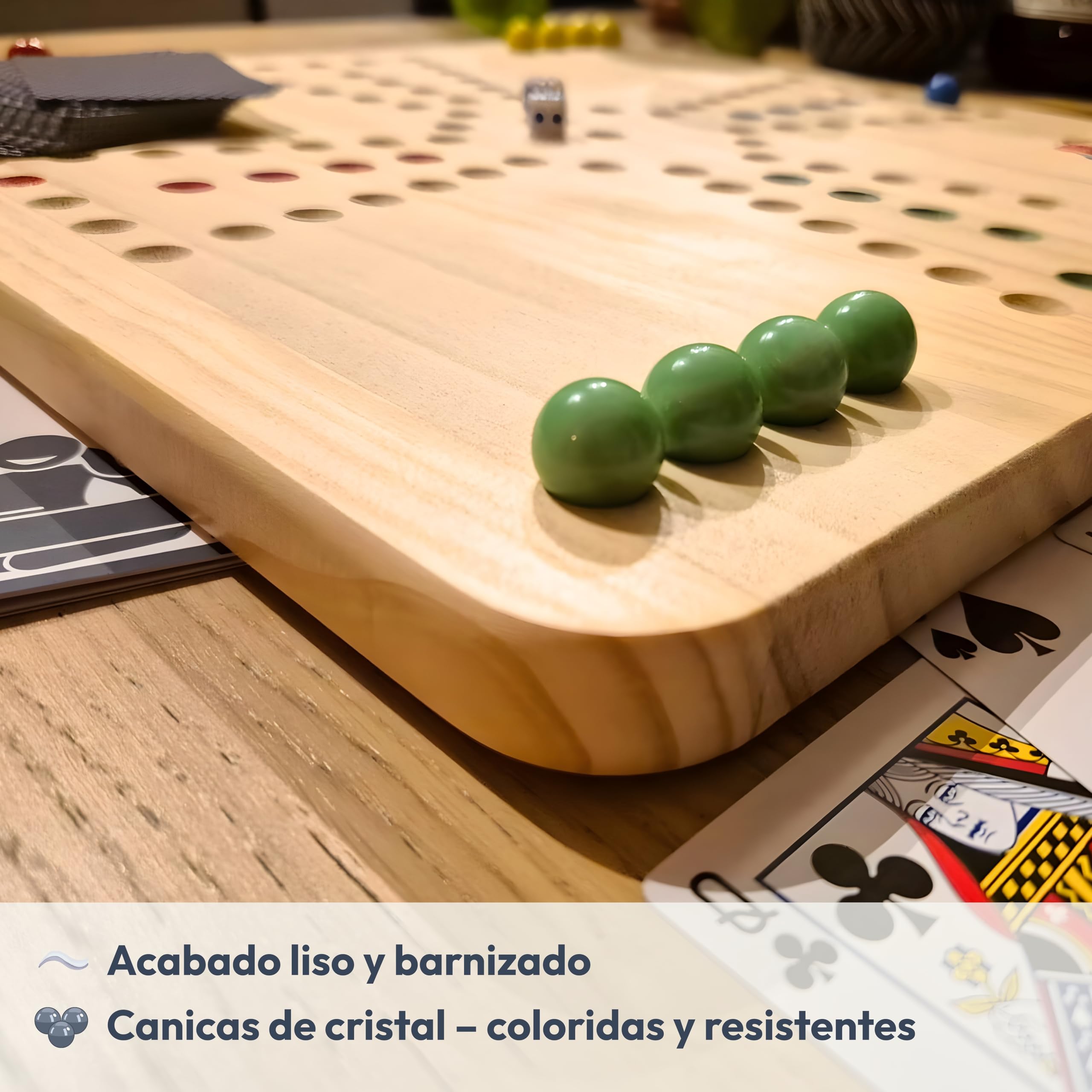 Juego de Ludo/Parchís XL 4–6 Jugadores – Tablero Reversible 40x40 cm de Madera Maciza – Compatible con Tock y Jackaroo – con Cartas o Dados – Incluye Canicas de Cristal