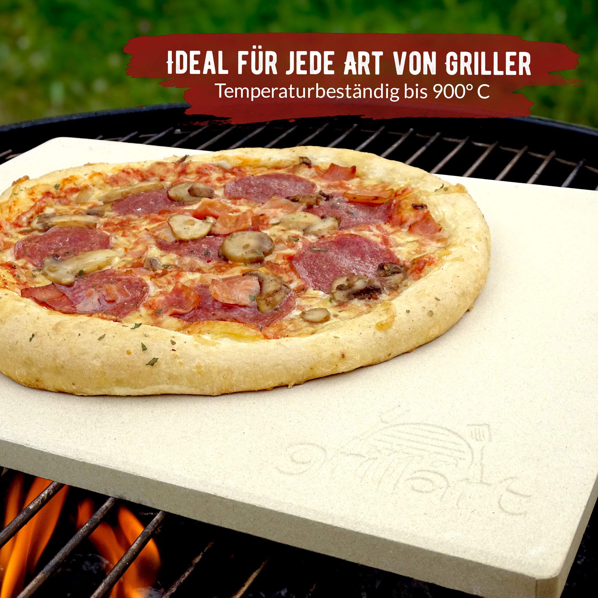 grillart® Kamień do pizzy premium do grilla gazowego, grilla na węgiel drzewny i piekarnika w zestawie – wysokiej jakości kamień do pizzy, prostokątny, łącznie z łopatką do pizzy i książką z