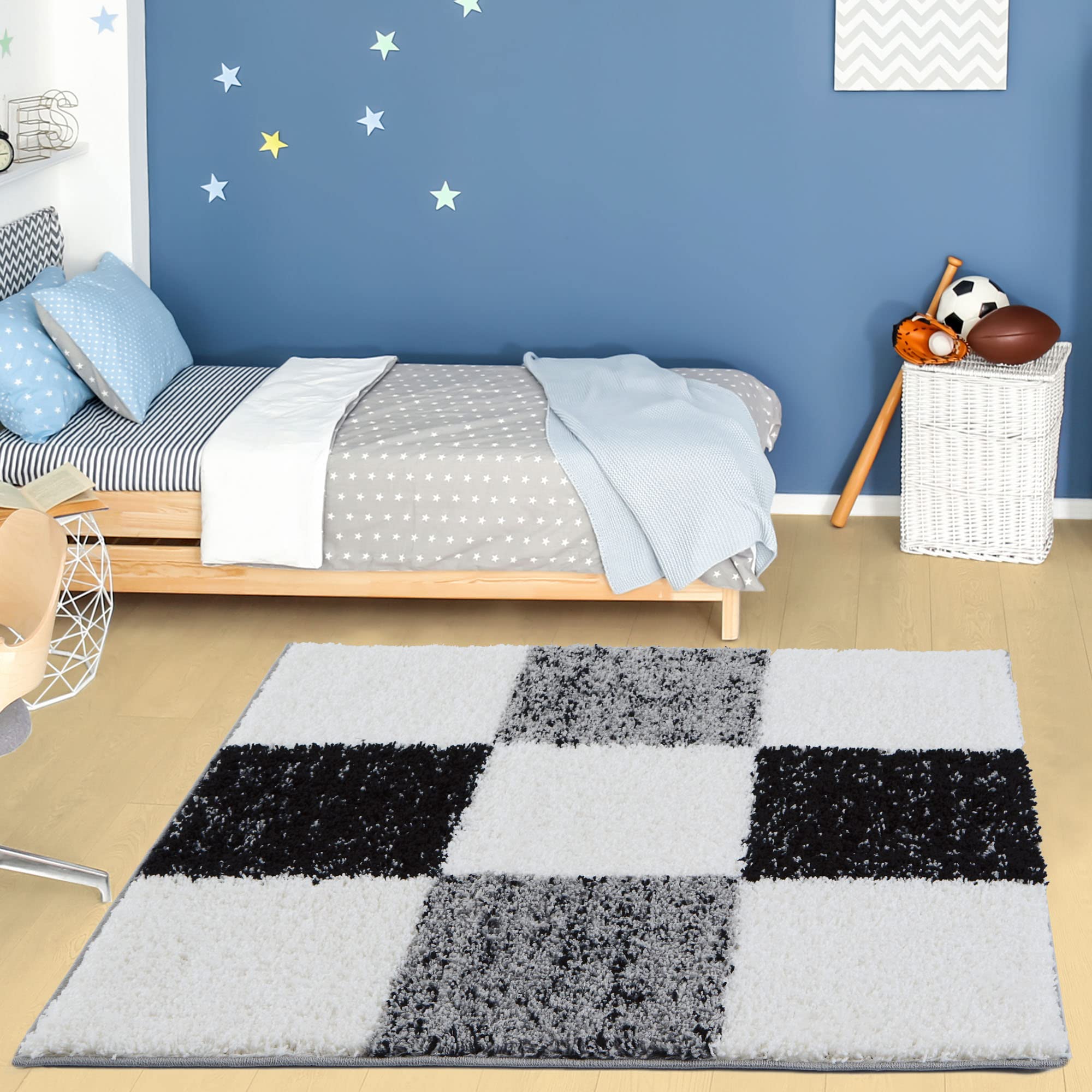 The Rugs Grey Soft Ivory Check High Pile Shaggy Rugs & Runners Living Room | Size: 120Cm X 120Cm