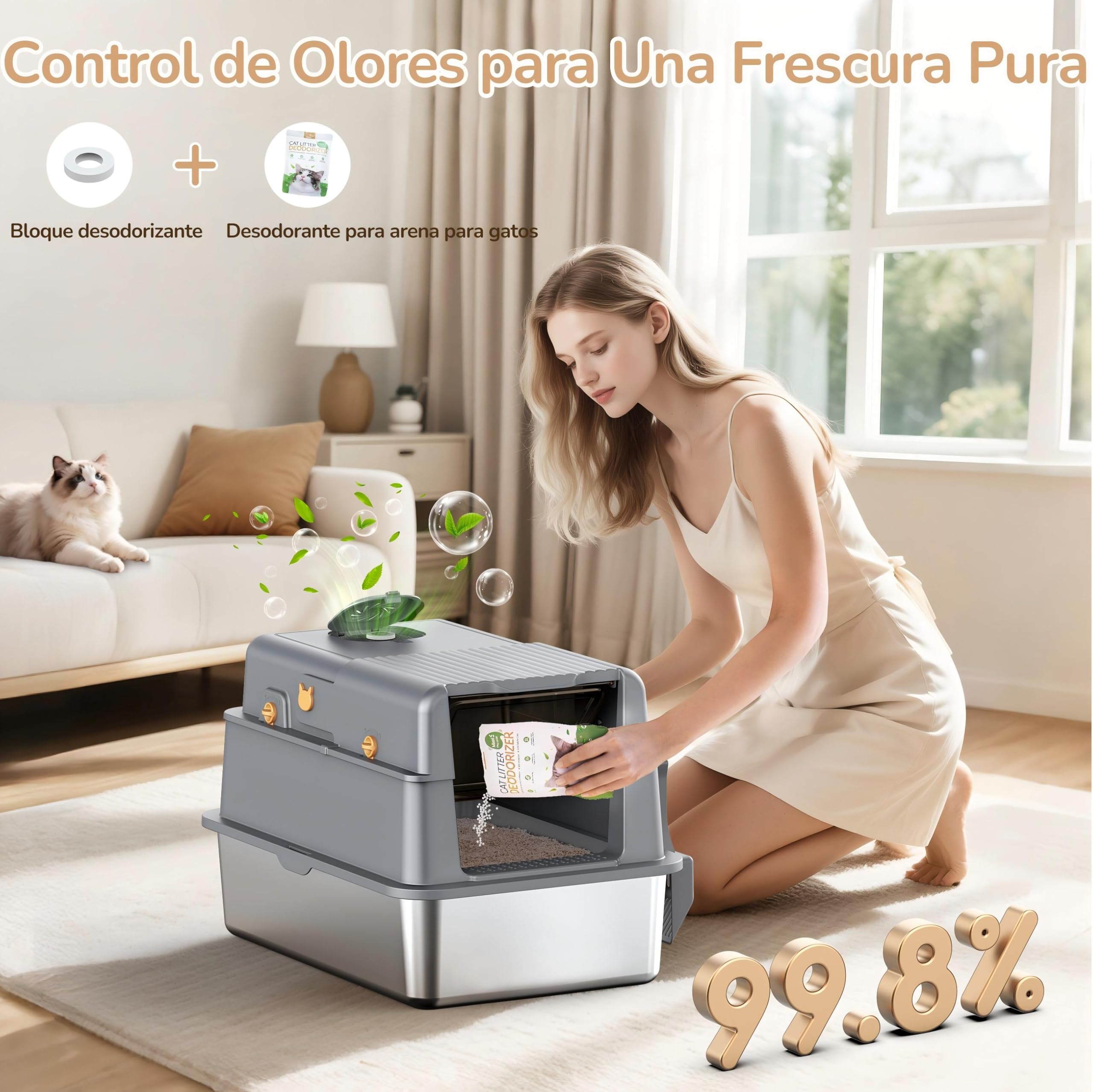 Arenero Gato Acero Inoxidable, XXL Caja Bandeja de Arena para Gatos con Tapa Abatible de 105°, Metal Extraíble Litter Box con Tapete, Caja de Arena de Lados Altos con Desodorante para Arena