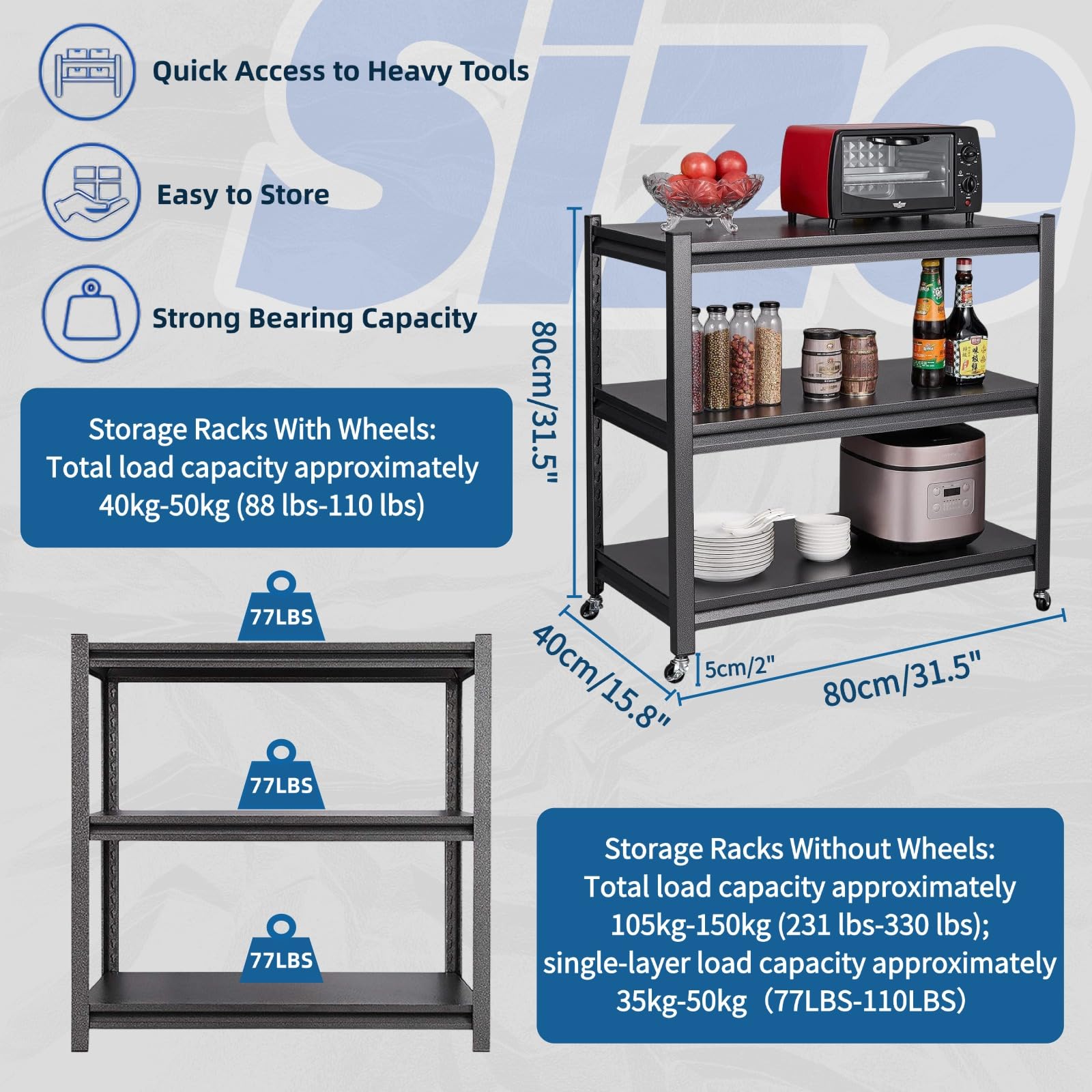 105kg Scaffale Metallo Garage,Scaffali in Acciaio a 3 Livelli Nero con Ruote, Scaffali Regolabili, Scaffale Salvaspazio Per Il Seminterrato Industriale da Cucina,80x40x80cm