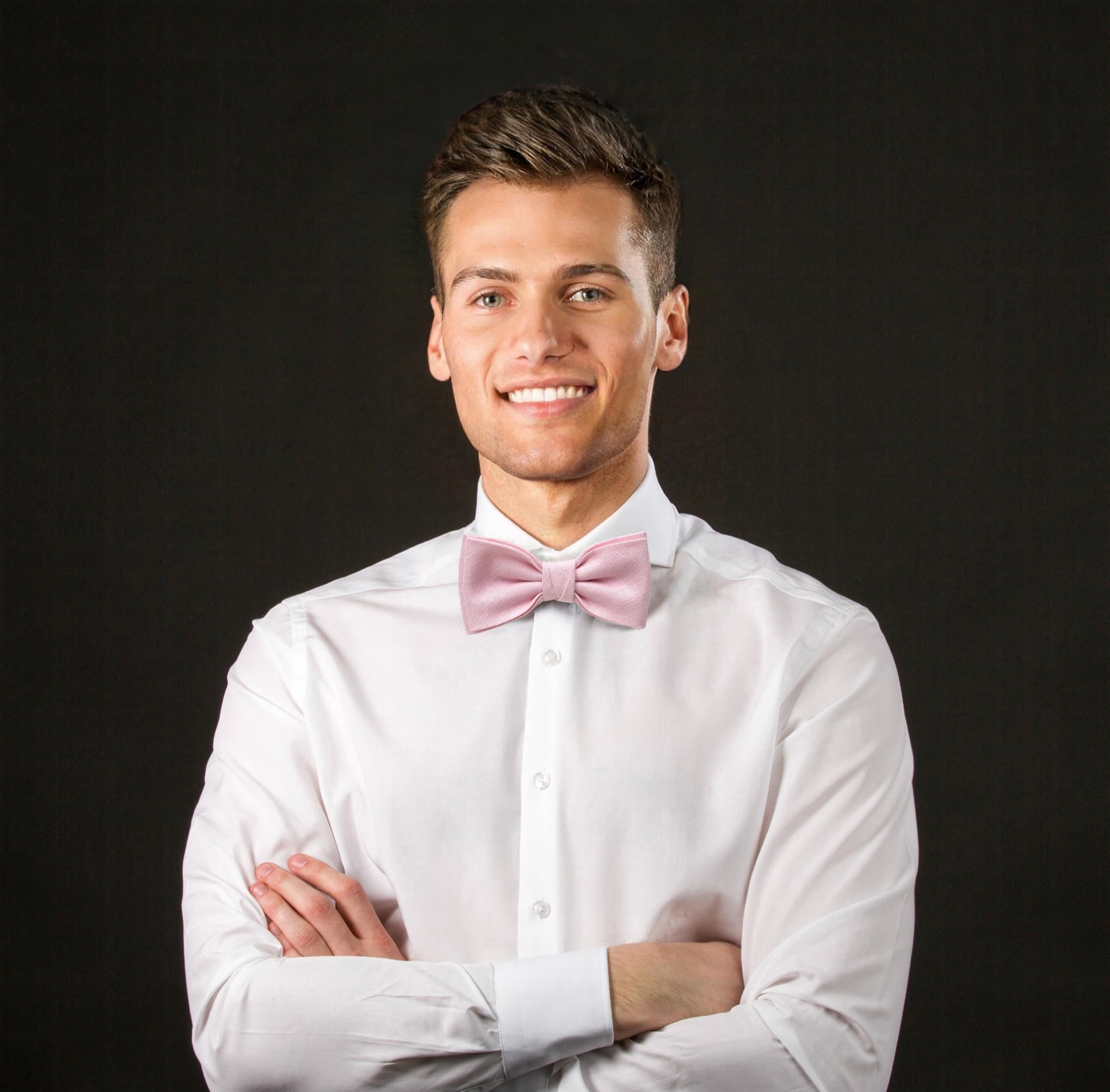 Leinen Fliege, Hosenträger, Einstecktuch für Herren, Voll Einstellbar, Viele Farben (Nr.7 Rosa, e) Fliege, Einstecktuch und Hosenträger)