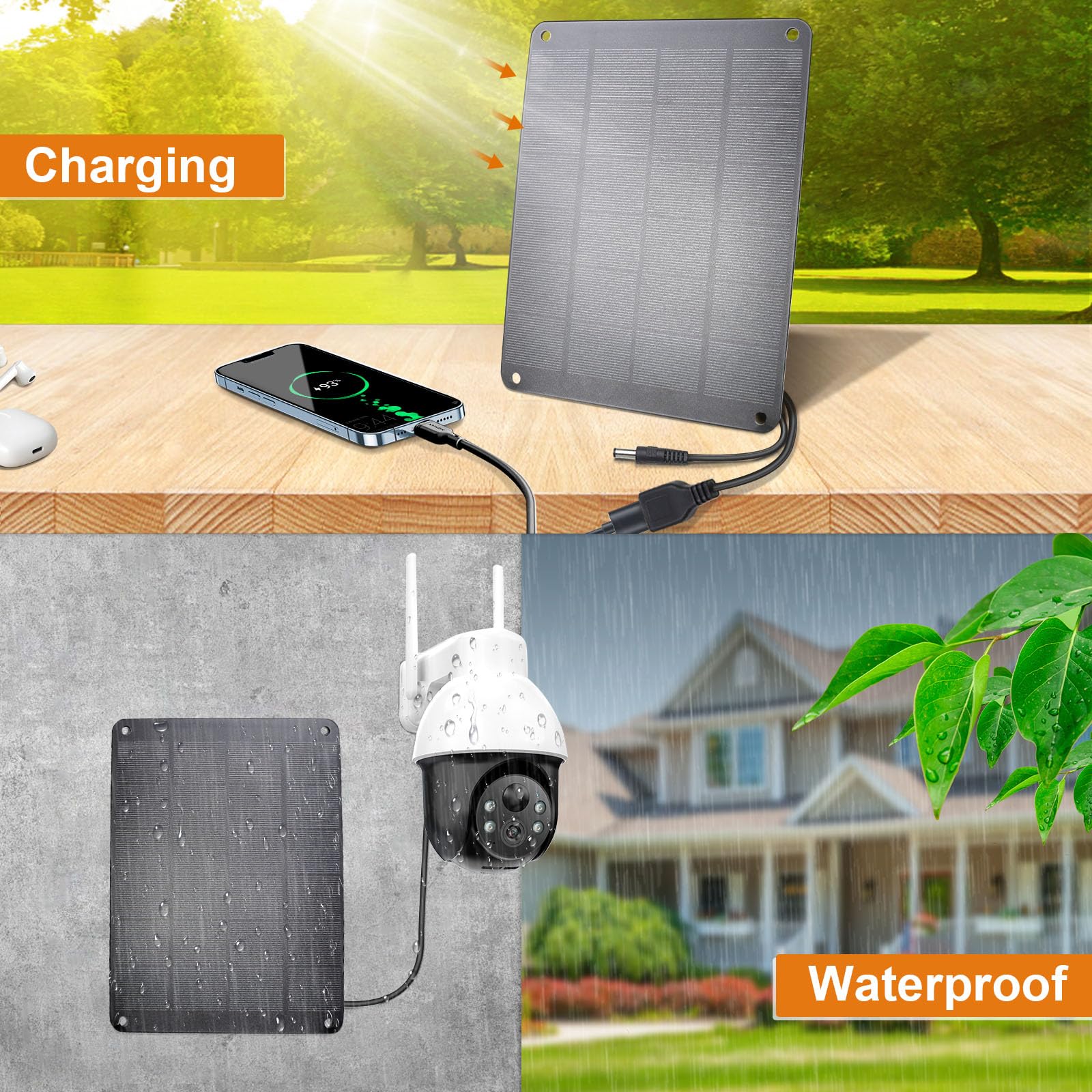 Panel solar de 5 V 6 W (paquete de 2), monocristalino impermeable con cable macho CC, cargador solar USB de 5 V y cable hembra a hembra para cámaras de seguridad al aire libre, ventilador pequeño,