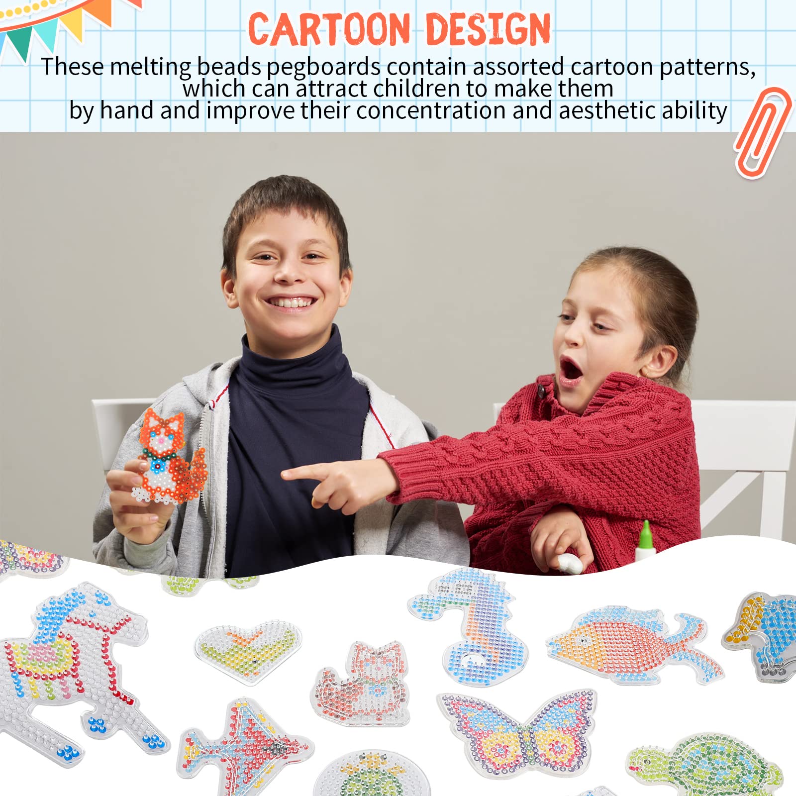 Lyrow 50 Pcs 5mm Fuse Beads Pegboards Craft Clear Plastic Fuse Beads Boards with 50 Colorful Cards, 10 Keychains, 20 Hang Ropes, 30 Open Jump Rings and 4 Tweezers for Kids DIY