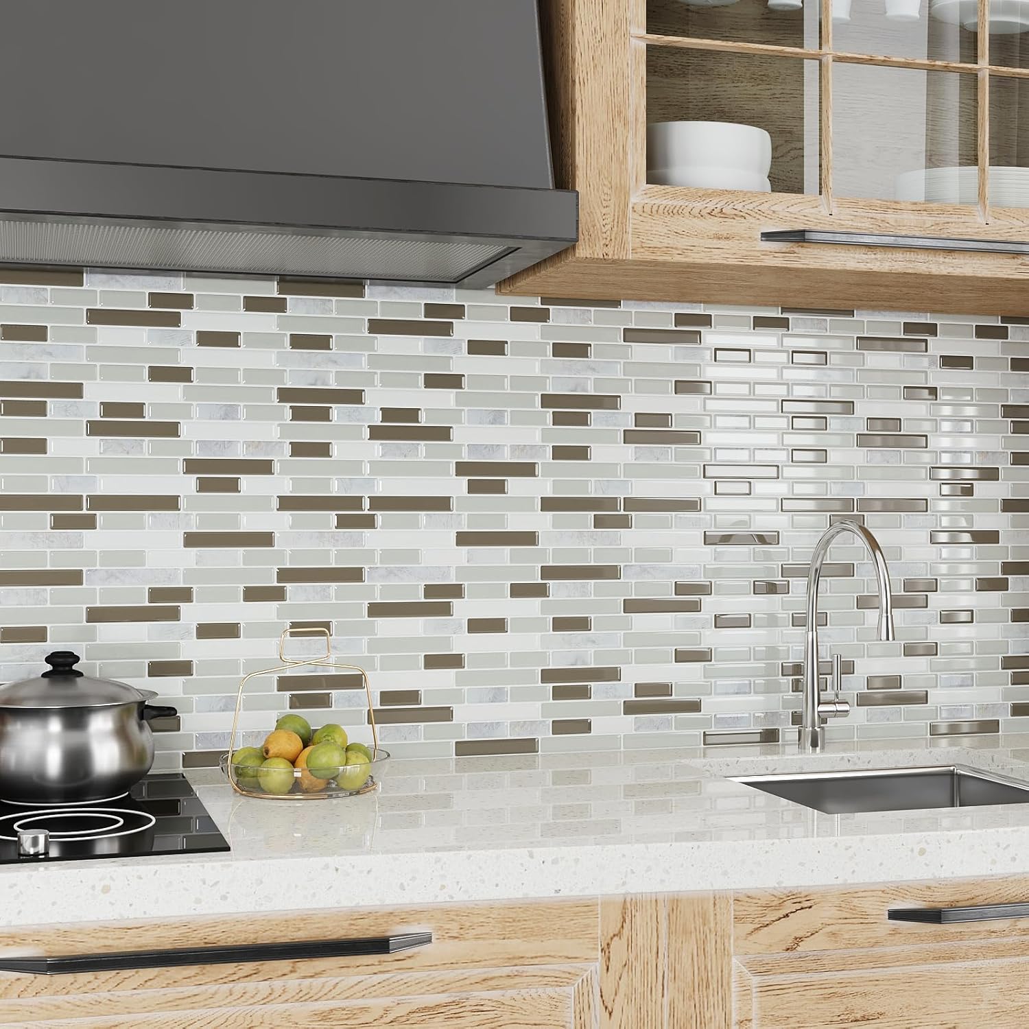 VEELIKE Mosaic Peel and Stick Backsplash for Kitchen Brown Green Peel and Stick Tiles Backsplash 12 Sheets Self Adhesive Back Splash Wall Tile Stickers for Bathroom Laundry Room Renters 12''x12''