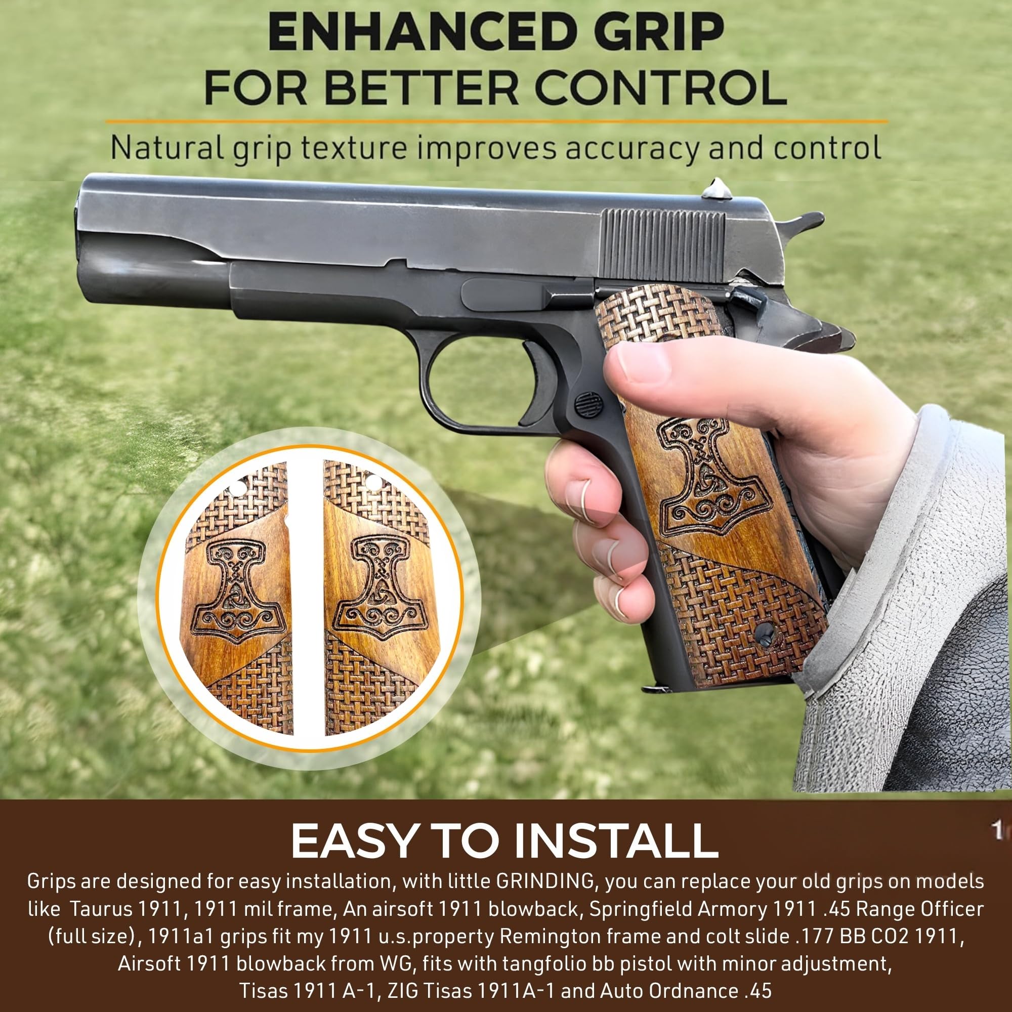 WWII US M1911/1911 .45 Holzgriffe – Reproduktion (Thors Hammer (Stil 2))