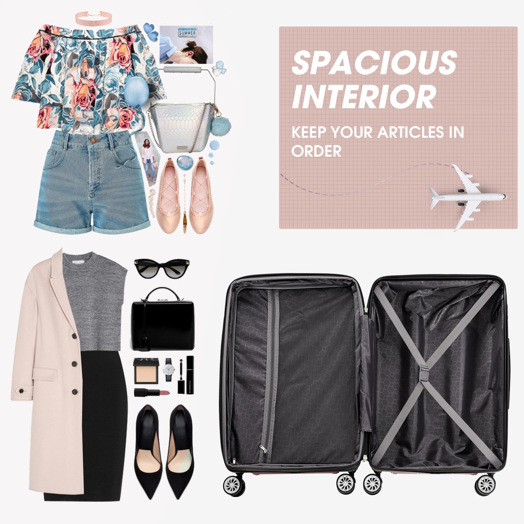 Set 3 Valigie Rigide, Valigia Trolley da Viaggio con lucchetto TSA e Ruota Universale, Espandibile, Maniglia Laterale, ABS, Valigia Bagaglio a Mano, Leggero Valigia Cabina, M-L-XL, Oro rosa