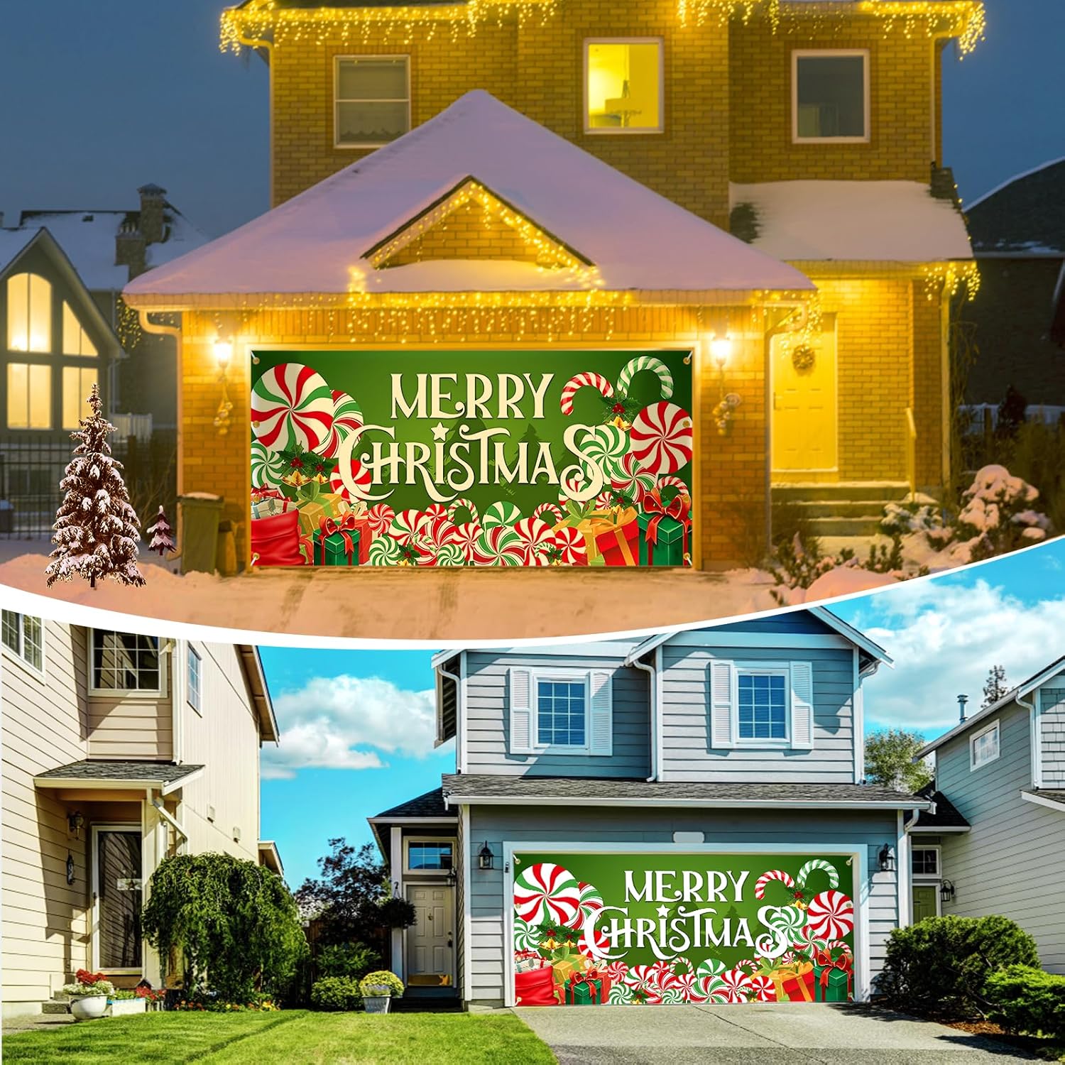 7x16ft Christmas Garage Door Cover, 2025 Holiday Decorations for Double Doors, Outdoor Christmas Banner (Green)
