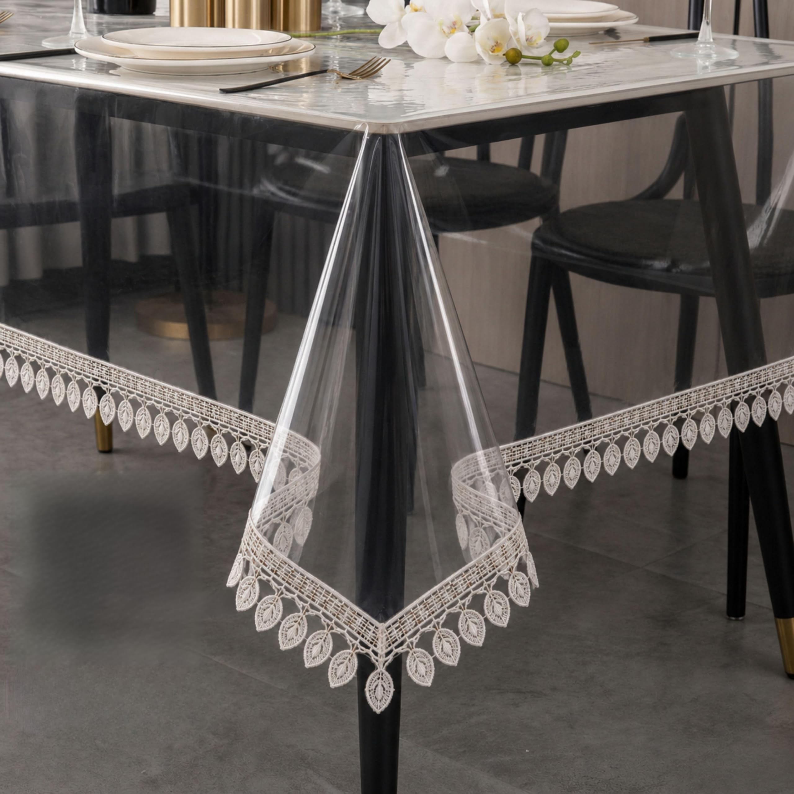 Transparent Table Cover 6 Seater 60x90 Inch, 0.25mm Heavy PVC | Waterproof Dining Table Cover, Leaf Lace Border, Scratch Resistant, Wipe-Clean, Protects Marble & Wooden Tables-image-8