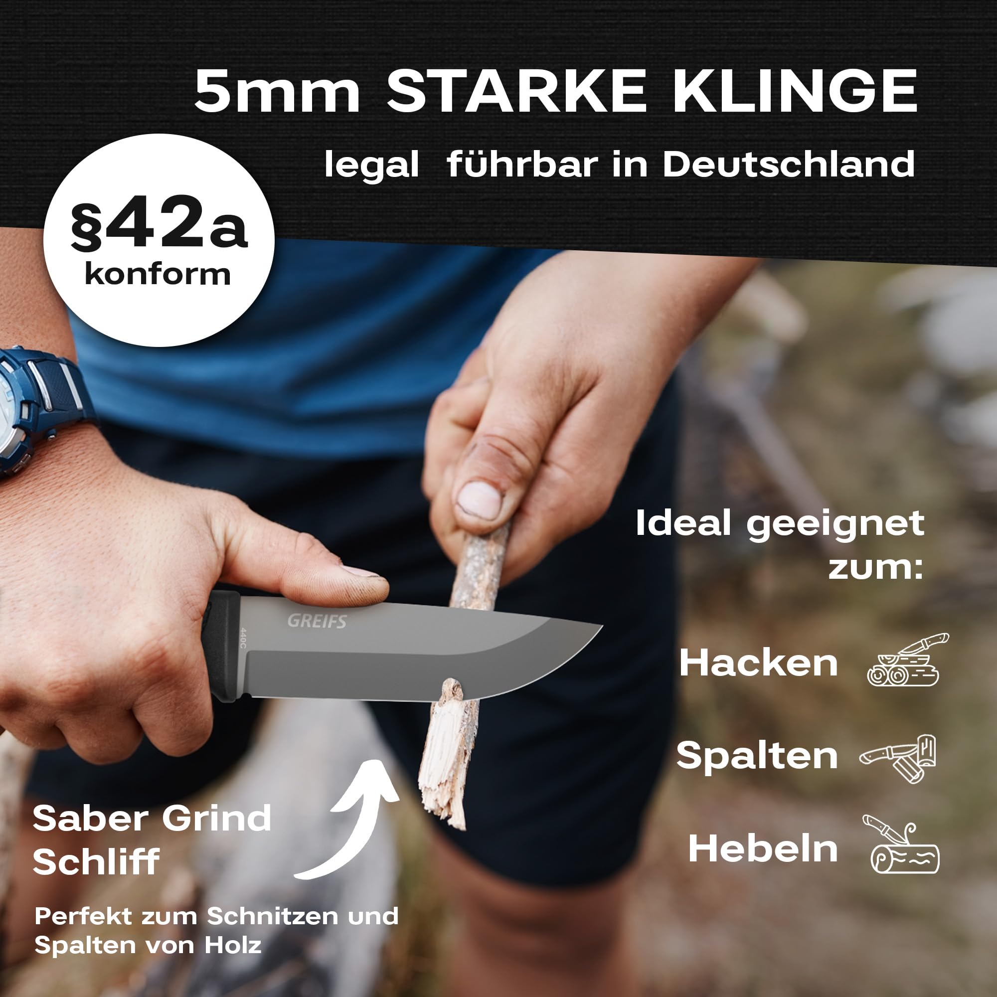 GREIFS® Outdoor-Messer G-Serie aus 440C Stahl mit Holster & Dangler, edles Survival Messer für die Bushcraft Ausrüstung, Jagdmesser, Schnitzmesser, Fahrtenmesser (G5/Schwarz)
