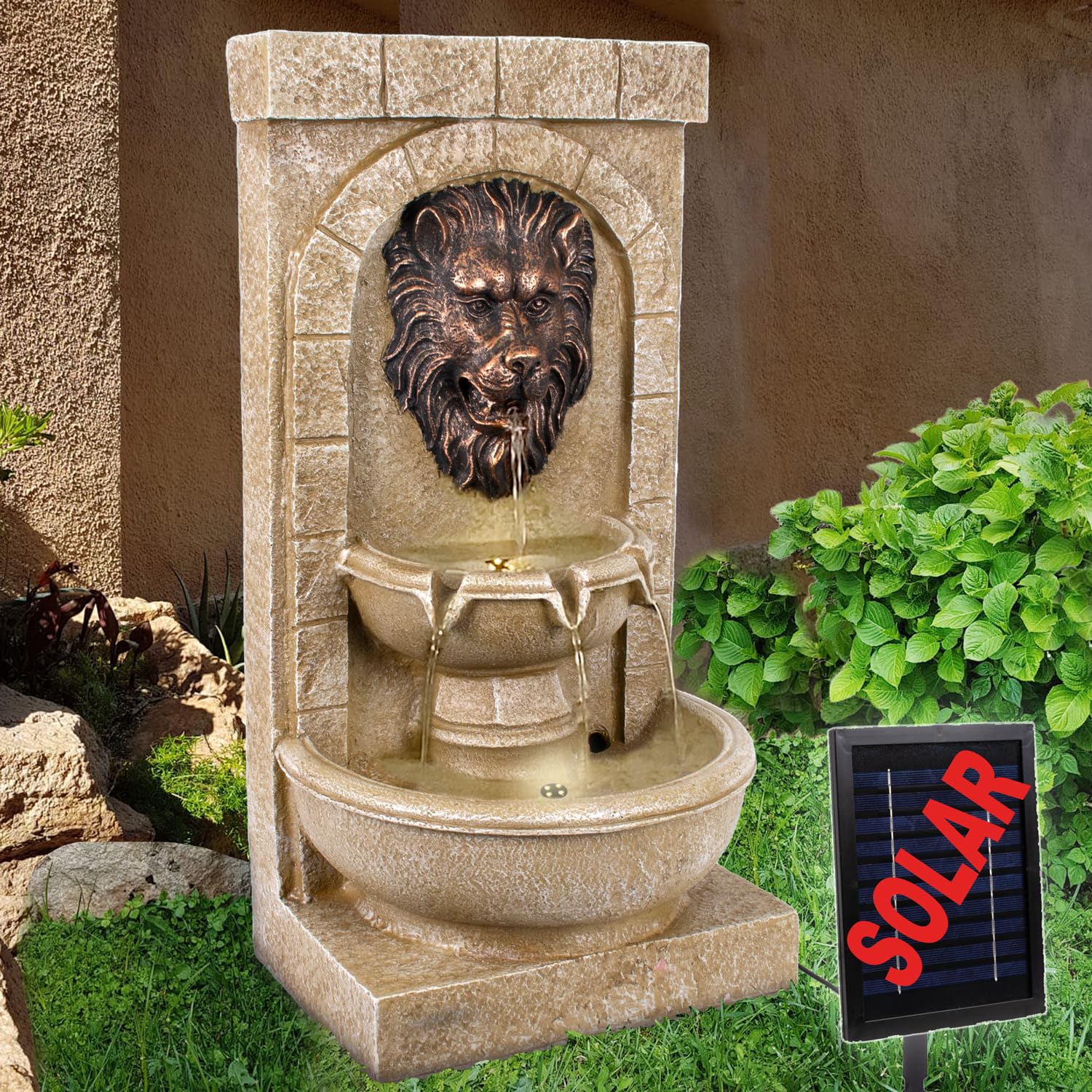 Fuente Solar de jardín, Fuente Decorativa, Fuente Interior, Fuente con luz LED, Fuente de Agua en Cascada para jardín, terraza, balcón (Fuente Solar con luz LED LÖWENHERZ)