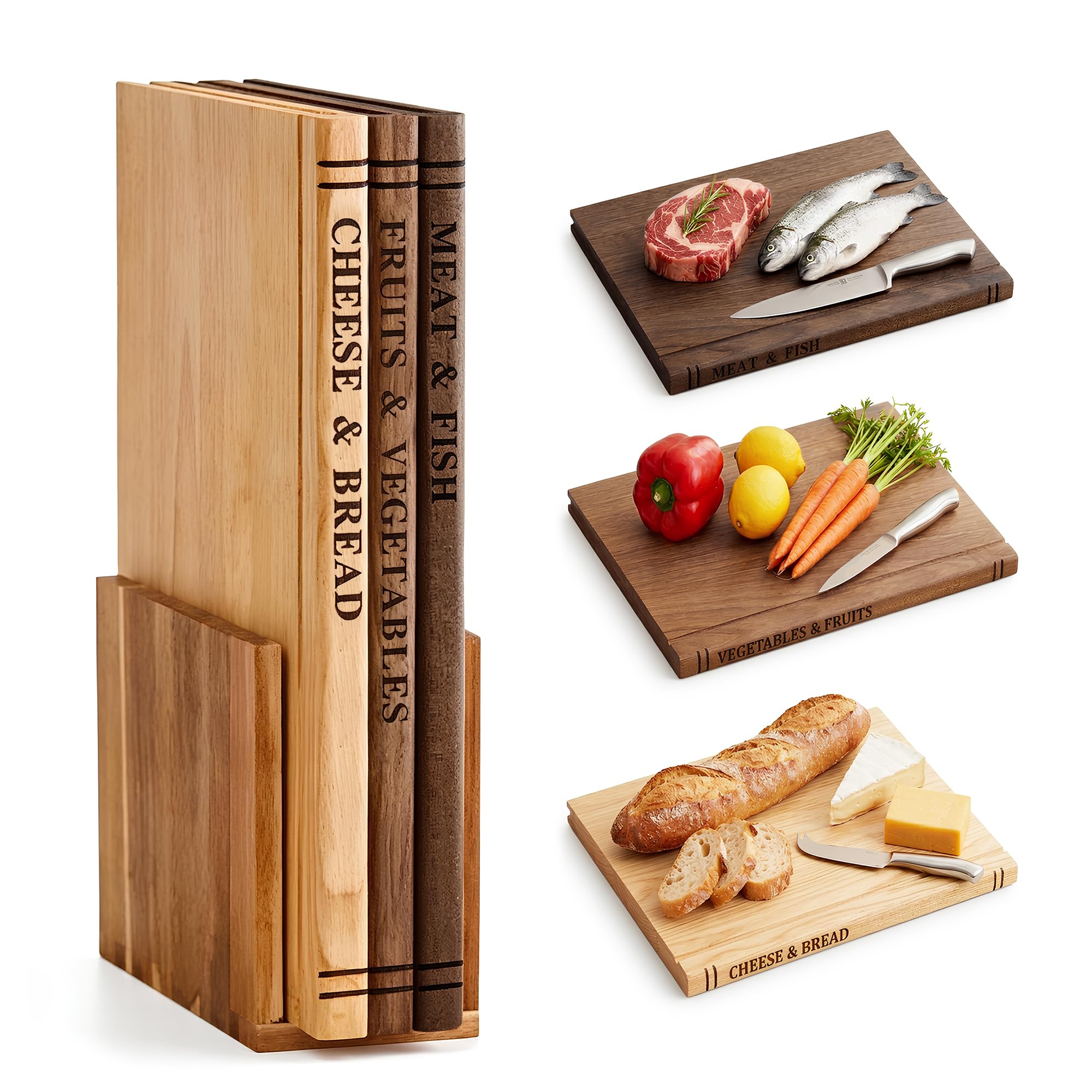 Book Cutting Board Set, Acacia Wood Cutting Boards for Kitchen with Stand
